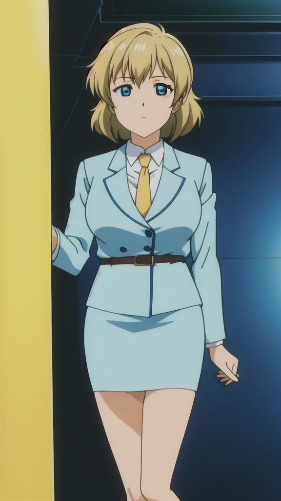 Blonde、 bob cut、Green Eyes、悲しface、 Full Body Style 、 normal breasts、 narrow waist 、Bare legs、 blue jacket ,襟付きshirt, shirt, yellow tie ,belt,,  Blue Mini Pencil Skirt, black tights，White pumps，My legs are slightly flabby， official art, Extremely High Definition CG Unity 8k Wallpaper,  full light, colorful , bright _ Front_face_Lighting,  shiny skin, ( masterpiece:1.0),(Highest_quality:1.0), 超 high resolution on down,4K,Ultra-detailed, photo shoot, 8k,  high resolution on down,  high resolution on down,  absurd:1.2,  Kodak Portra 400,  film grain,  blurry background, Bokeh:1.2,  lens flare , (Vibrant_ color:1.2), Professional photography,Anime Images、