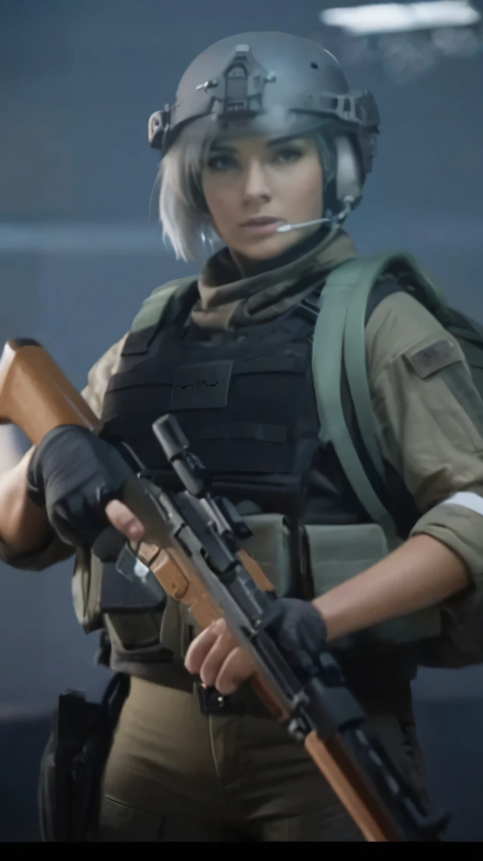 a contractor young girl, Japanese and Russian facial features, white french bob haircut, pulling down his pants, wearing full equip militar camouflage, chest rig tactical vest, ballistic helmet with face shield, fully dressed, sweaty body, voluptuous body, focusing on her ass, mega exaggeratedly inflated hips, large hips and extra big ass, hips too large and wide, slim waist, back, very close up, in an armory,