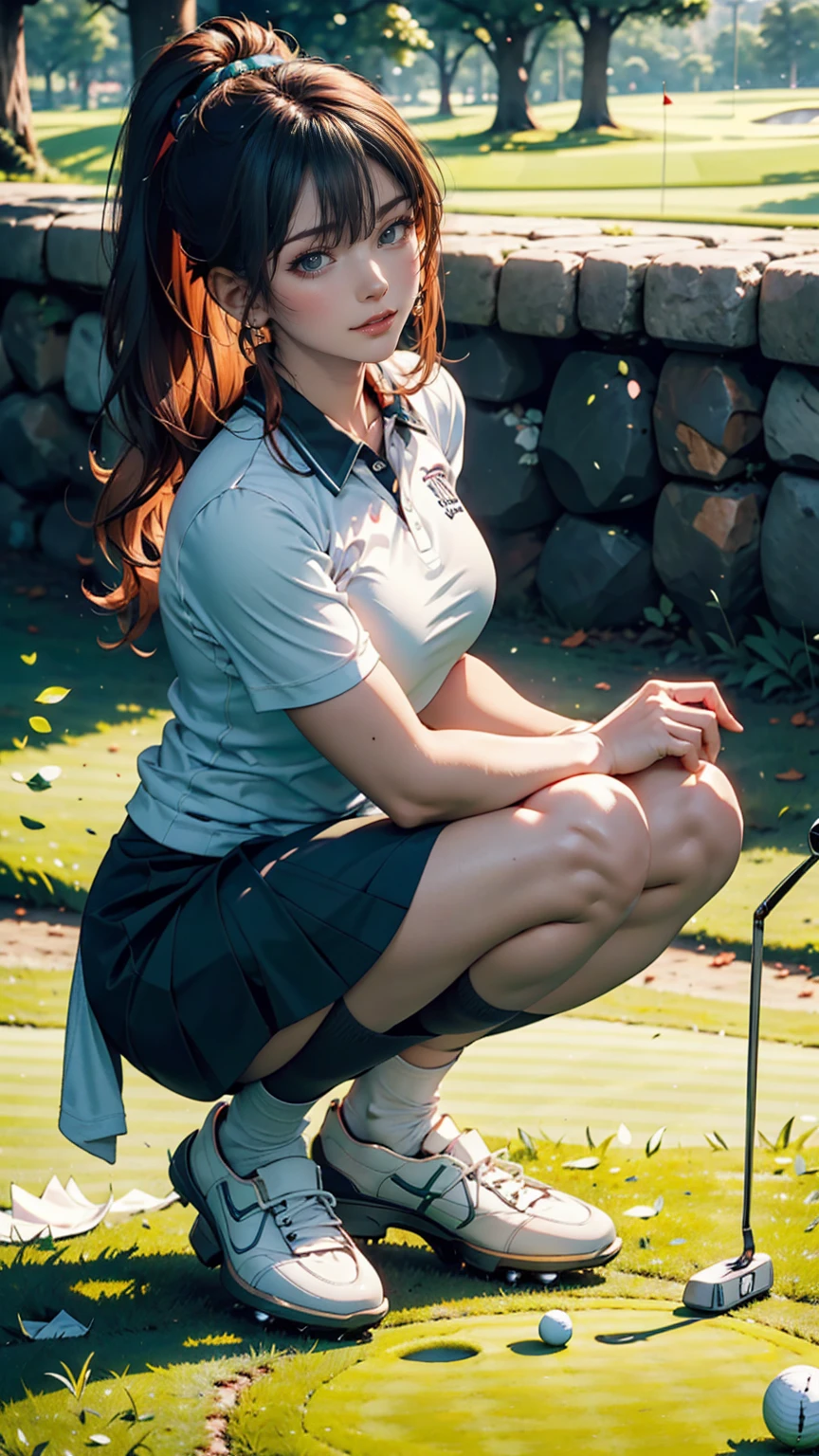   Beautiful Japanese Woman Wearing Golf Wear, Real person, Detailed body, Squat, live-action,  skirt flip, I'm on the green of the golf course、Putter Shot 、  About Leading the Turf 