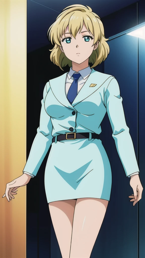 Blonde、 bob cut、Green Eyes、悲しface、 Full Body Style 、 normal breasts、 narrow waist 、Bare legs、 blue jacket ,襟付きshirt, shirt, yellow tie ,belt,,  Blue Mini Pencil Skirt, black tights，White pumps，My legs are slightly flabby， official art, Extremely High Definition CG Unity 8k Wallpaper,  full light, colorful , bright _ Front_face_Lighting,  shiny skin, ( masterpiece:1.0),(Highest_quality:1.0), 超 high resolution on down,4K,Ultra-detailed, photo shoot, 8k,  high resolution on down,  high resolution on down,  absurd:1.2,  Kodak Portra 400,  film grain,  blurry background, Bokeh:1.2,  lens flare , (Vibrant_ color:1.2), Professional photography,Anime Images、