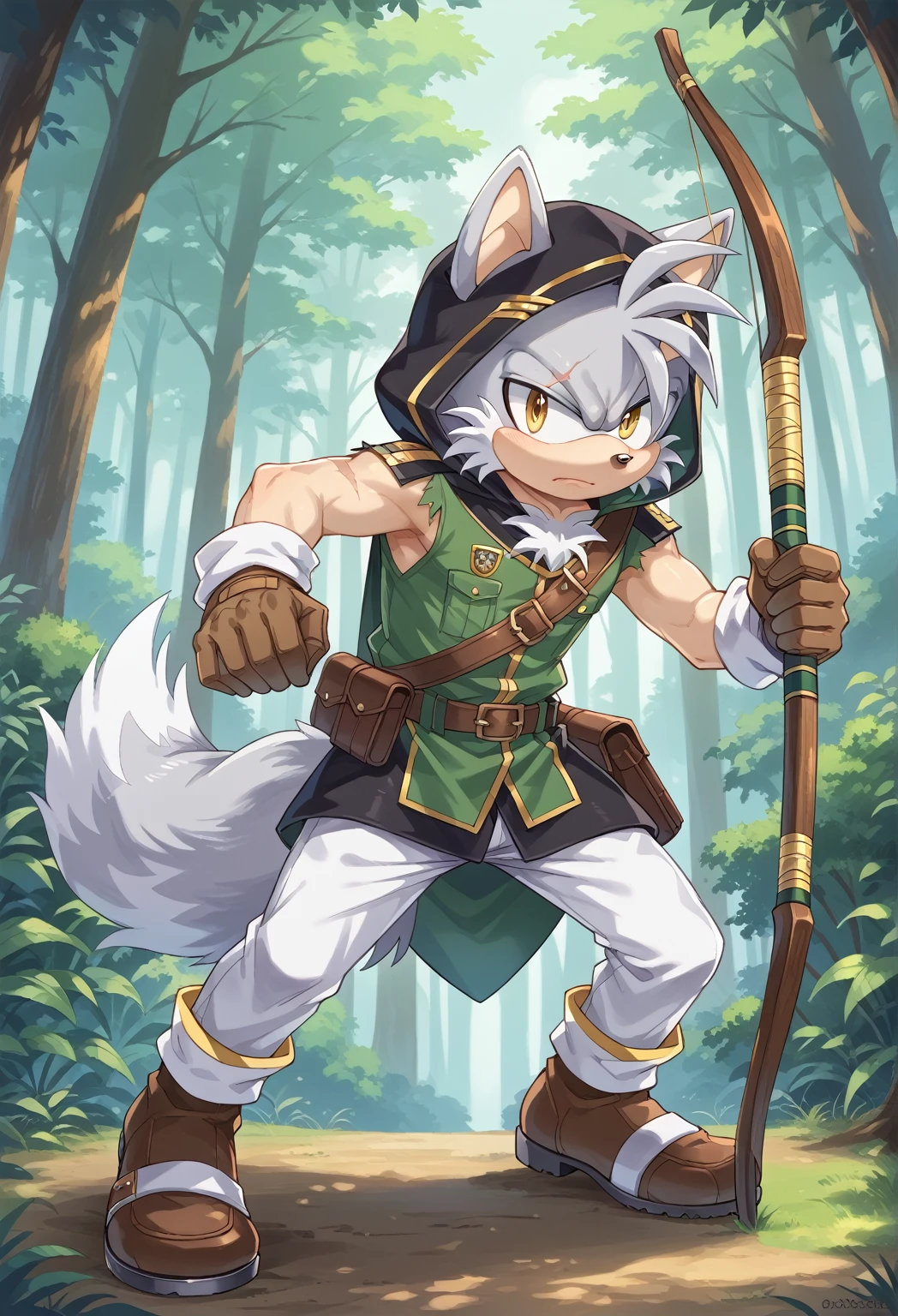 Male Wolf, ((Sonic character oc )), Male adult, ( silver fur in all body ), ( light gray inner ears ), (Alone), ( Short and messy hair ), forest, Left eye Blind , scar near the left eye that crosses the left eye diagonally, bow and quiver, con un hunter bow en la espalda y un Staff en su mano, Archery, wears a hood pero no esta puesta en su cabeza, brown gloves with cut toes and boots, yellow Eyes, Day time, ((mobian)), moebius forest, ranger clothing, (Fluffy Fur), Large Fluffy Tail, serious and sexy pose listo para el combate, ropa desgastada