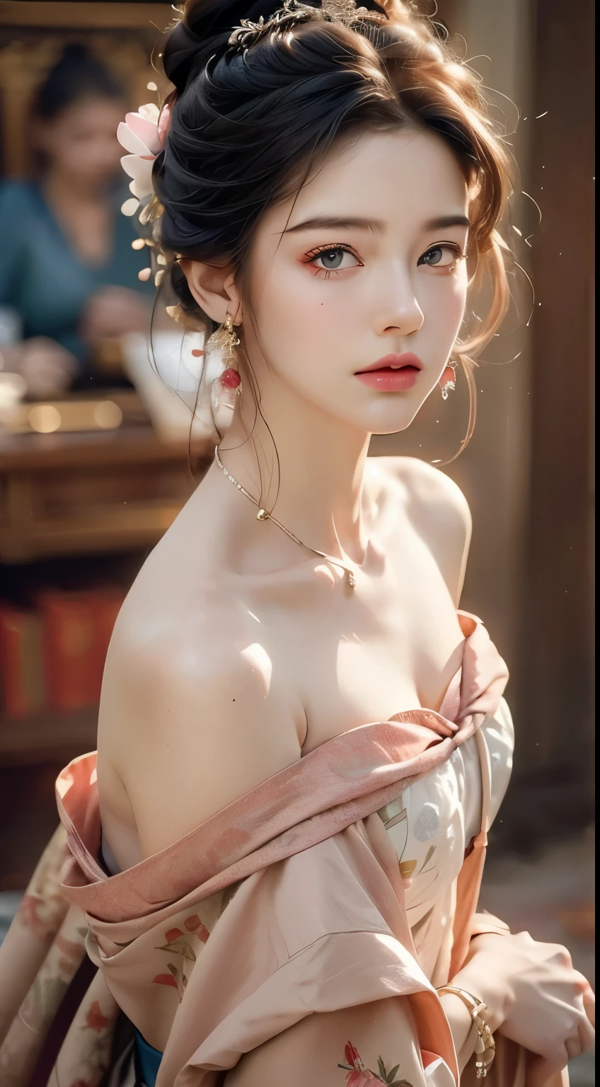 Best Quality, Masterpiece, Ultra High Resolution, (Realisticity: 1.4), Original Photo, 1girl, Pink Off-the-Shoulder, Cinematic Lighting