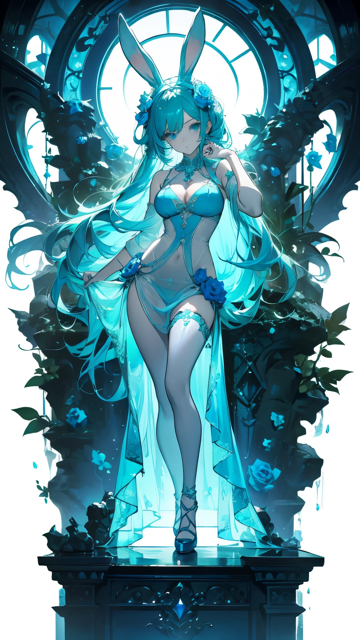 ( high quality , Very detailed, Accurate hands,Accurate Arm,Accurate feet:1.2)Fantasy Clothing,Blue Hair,Long Hair,High heels,Exposed Skin,Highly revealing,Nearly naked,whole body,
