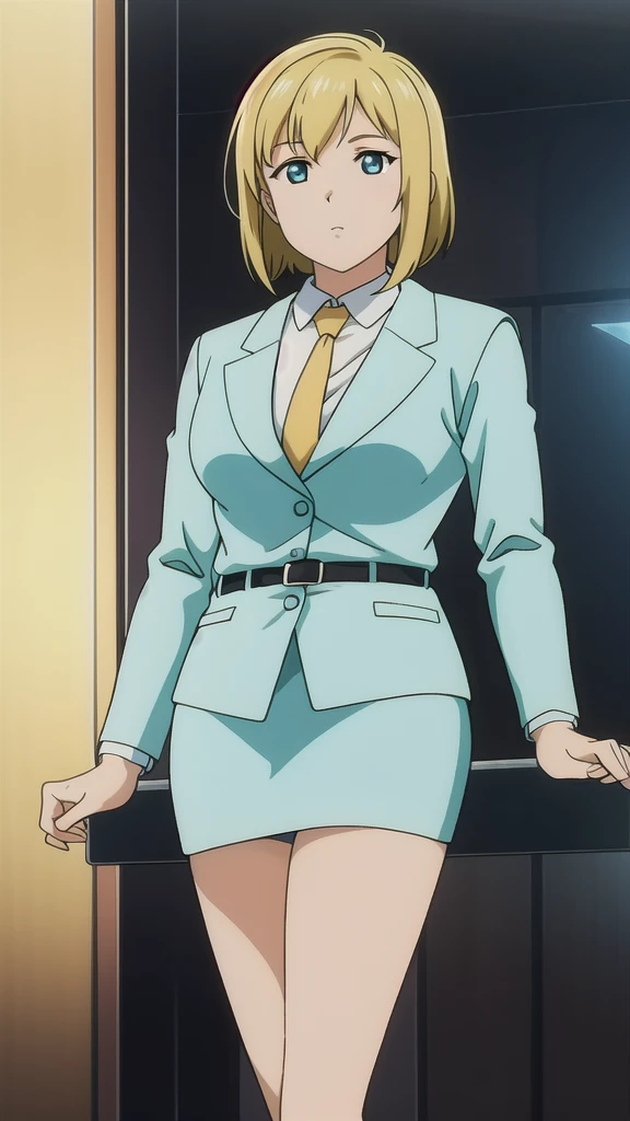 Blonde、 bob cut、Green Eyes、悲しface、 Full Body Style 、 normal breasts、 narrow waist 、Bare legs、 blue jacket ,襟付きshirt, shirt, yellow tie ,belt,,  Blue Mini Pencil Skirt, black tights，White pumps，My legs are slightly flabby， official art, Extremely High Definition CG Unity 8k Wallpaper,  full light, colorful , bright _ Front_face_Lighting,  shiny skin, ( masterpiece:1.0),(Highest_quality:1.0), 超 high resolution on down,4K,Ultra-detailed, photo shoot, 8k,  high resolution on down,  high resolution on down,  absurd:1.2,  Kodak Portra 400,  film grain,  blurry background, Bokeh:1.2,  lens flare , (Vibrant_ color:1.2), Professional photography,Anime Images、