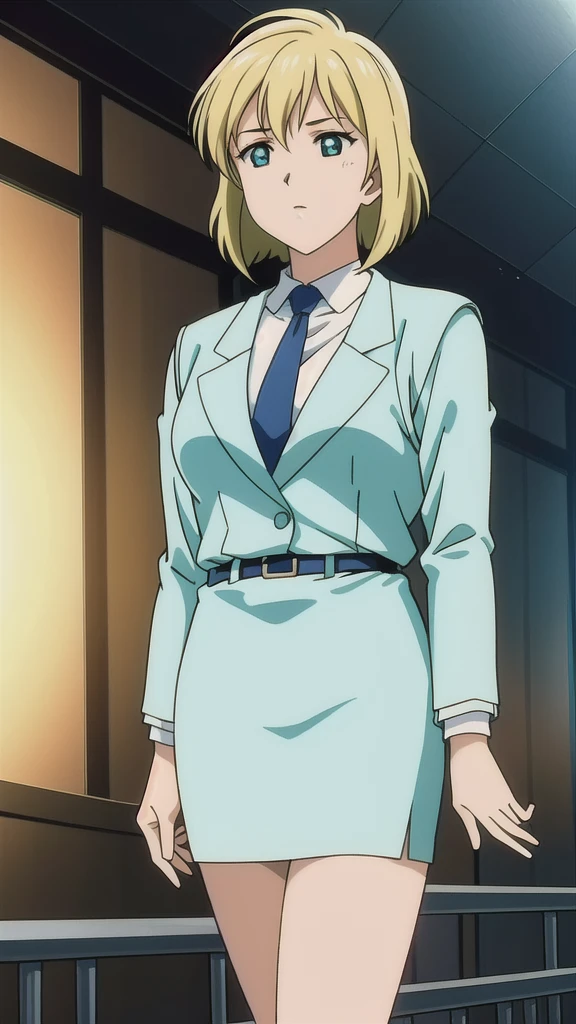 Blonde、 bob cut、Green Eyes、悲しface、 Full Body Style 、 normal breasts、 narrow waist 、Bare legs、 blue jacket ,襟付きshirt, shirt, yellow tie ,belt,,  Blue Mini Pencil Skirt, black tights，White pumps，My legs are slightly flabby， official art, Extremely High Definition CG Unity 8k Wallpaper,  full light, colorful , bright _ Front_face_Lighting,  shiny skin, ( masterpiece:1.0),(Highest_quality:1.0), 超 high resolution on down,4K,Ultra-detailed, photo shoot, 8k,  high resolution on down,  high resolution on down,  absurd:1.2,  Kodak Portra 400,  film grain,  blurry background, Bokeh:1.2,  lens flare , (Vibrant_ color:1.2), Professional photography,Anime Images、