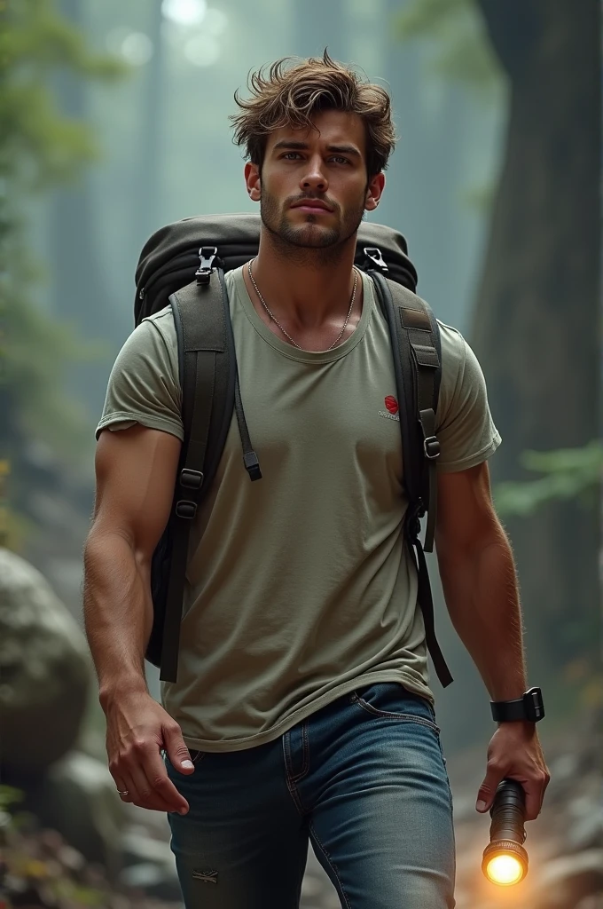 beautifull young stud, 28 years old, wearing wet (thongs), (massive bulge), hiking, body hair, sweat, backpack, intricate, perfect body, art, masterpiece, youthfull face, full of energy, athletic, buzzcut, hairy chest