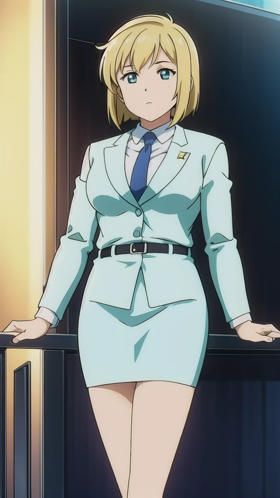 Blonde、 bob cut、Green Eyes、悲しface、 Full Body Style 、 normal breasts、 narrow waist 、Bare legs、 blue jacket ,襟付きshirt, shirt, yellow tie ,belt,,  Blue Mini Pencil Skirt, black tights，White pumps，My legs are slightly flabby， official art, Extremely High Definition CG Unity 8k Wallpaper,  full light, colorful , bright _ Front_face_Lighting,  shiny skin, ( masterpiece:1.0),(Highest_quality:1.0), 超 high resolution on down,4K,Ultra-detailed, photo shoot, 8k,  high resolution on down,  high resolution on down,  absurd:1.2,  Kodak Portra 400,  film grain,  blurry background, Bokeh:1.2,  lens flare , (Vibrant_ color:1.2), Professional photography,Anime Images、