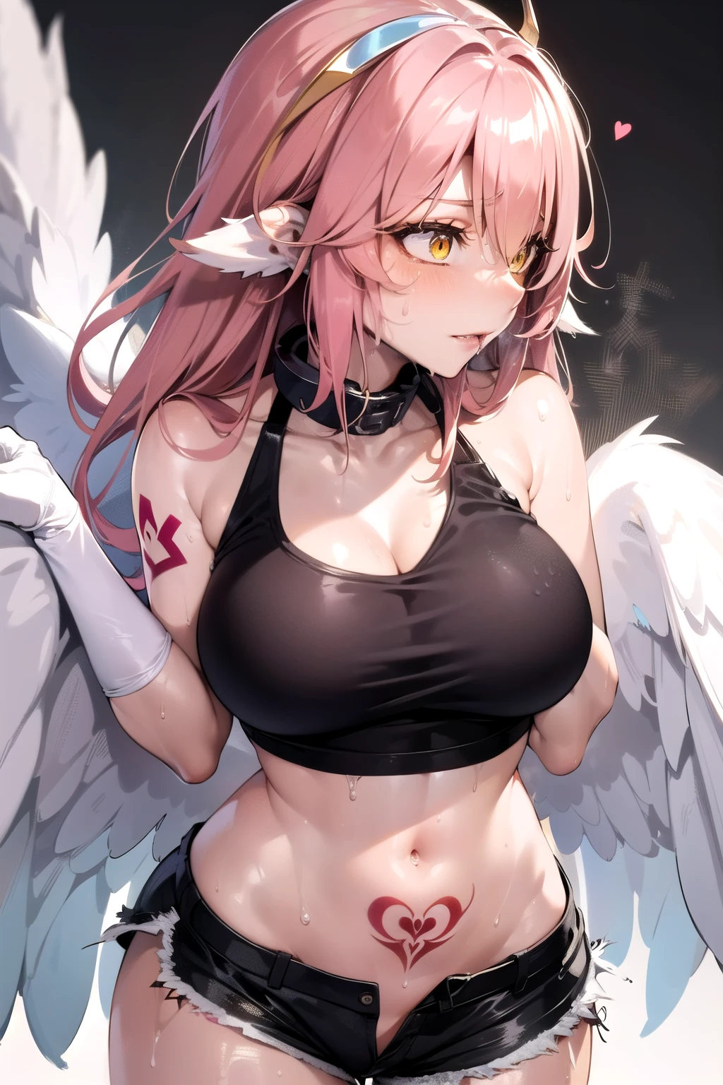 jibril, BREAK jibril, angel, angel wings, collar, animal ears, bird ears, compass rose halo, belly button, feathered wings, feathers, gradient hair, halo, long hair, low wings, multicolored hair, pink hair, symbol-shaped pupils, (salivating :1.2) (letters tattooed on body:1.2), (sides tattoos:1.4), thigh tattoos, tattooed, big breast, white wings, wing ears, wings, (yellow eyes:1.5), seductive look, seductive smile, Shiny skin, wet, sweaty, sweat, oiled, clothing. Oil, lotion, slime, slimy. Big breast. Sexy, hot, attractive, alluring.
BREAK thighhighs, long gloves. Fully clothed.  Midriff, sleeveless crop top, short shorts, her shorts are down, thighhighs, (sweaty:2), steam, wet, dripping, hot, sticky, orgasmic face.
BREAK (masterpiece:1.2), best quality, high resolution, unity 8k wallpaper, (illustration:0.8), (beautiful detailed eyes:1.6), extremely detailed face, perfect lighting, extremely detailed CG, (perfect hands, perfect anatomy), narrow eyes.