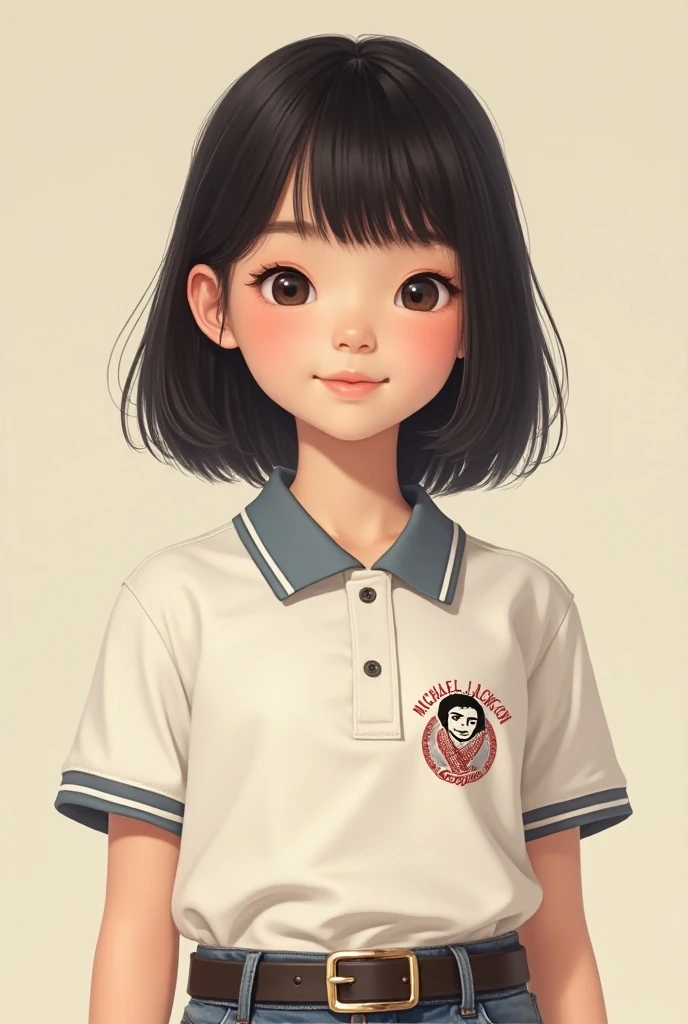Human Korean girl with Michael Jackson polo shirt that says Michael Jackson in corrido 