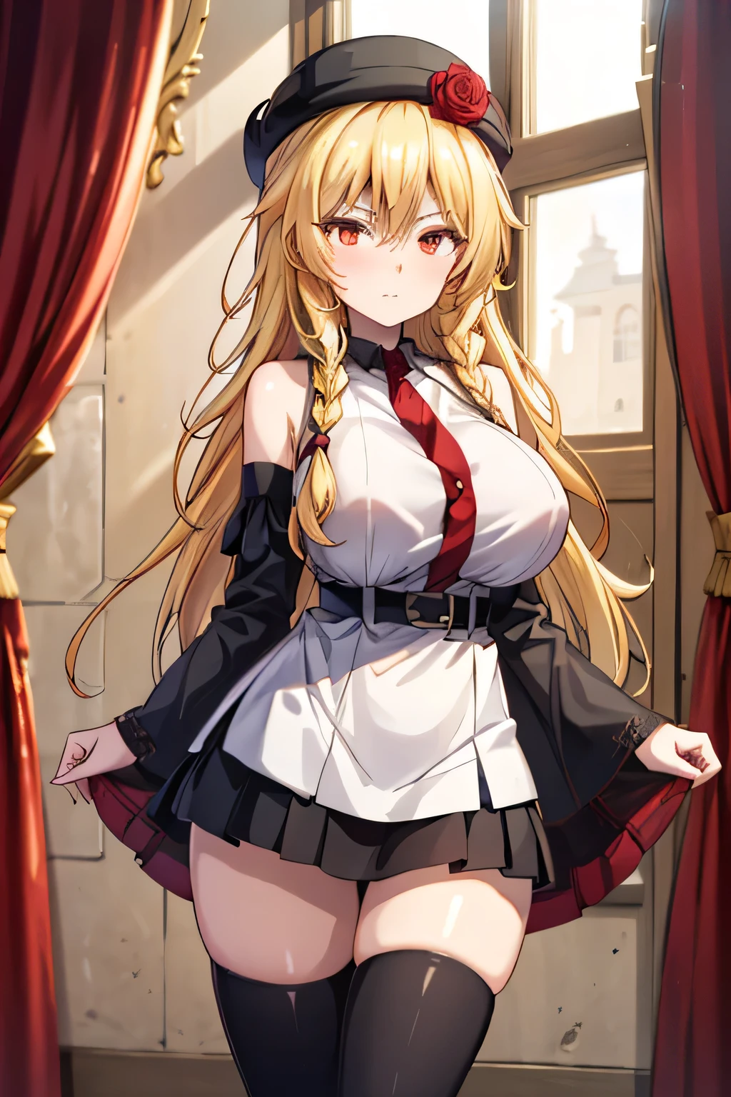 (absurdres, highres, ultra detailed),masterpiece,best quality,high resolution,8k,Realistic face,Realistic skin texture,magnified textures, stunning clarity,detailed anime girl,japanese school girl,,(Demon Horns),(pale skin),golden hair,blazer,red short skirt,beautiful ass,Meiji,red eyes,summer,class room,big breasts,sunset,happy,cowboy shot,expressive pose,big ass,from below,sulking