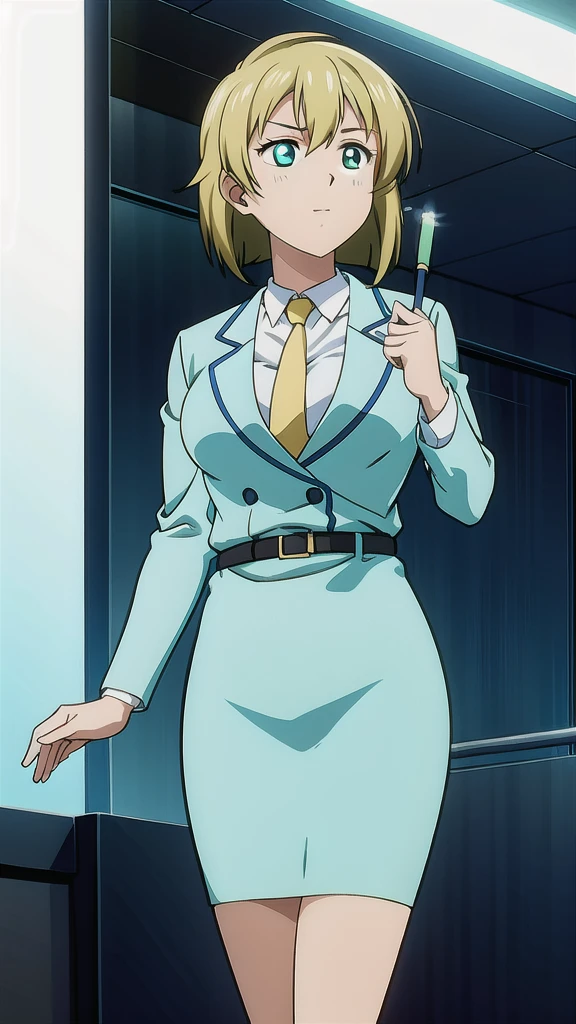 Blonde、 bob cut、Green Eyes、悲しface、 Full Body Style 、 normal breasts、 narrow waist 、Bare legs、 blue jacket ,襟付きshirt, shirt, yellow tie ,belt,,  Blue Mini Pencil Skirt, black tights，White pumps，My legs are slightly flabby， official art, Extremely High Definition CG Unity 8k Wallpaper,  full light, colorful , bright _ Front_face_Lighting,  shiny skin, ( masterpiece:1.0),(Highest_quality:1.0), 超 high resolution on down,4K,Ultra-detailed, photo shoot, 8k,  high resolution on down,  high resolution on down,  absurd:1.2,  Kodak Portra 400,  film grain,  blurry background, Bokeh:1.2,  lens flare , (Vibrant_ color:1.2), Professional photography,Anime Images、