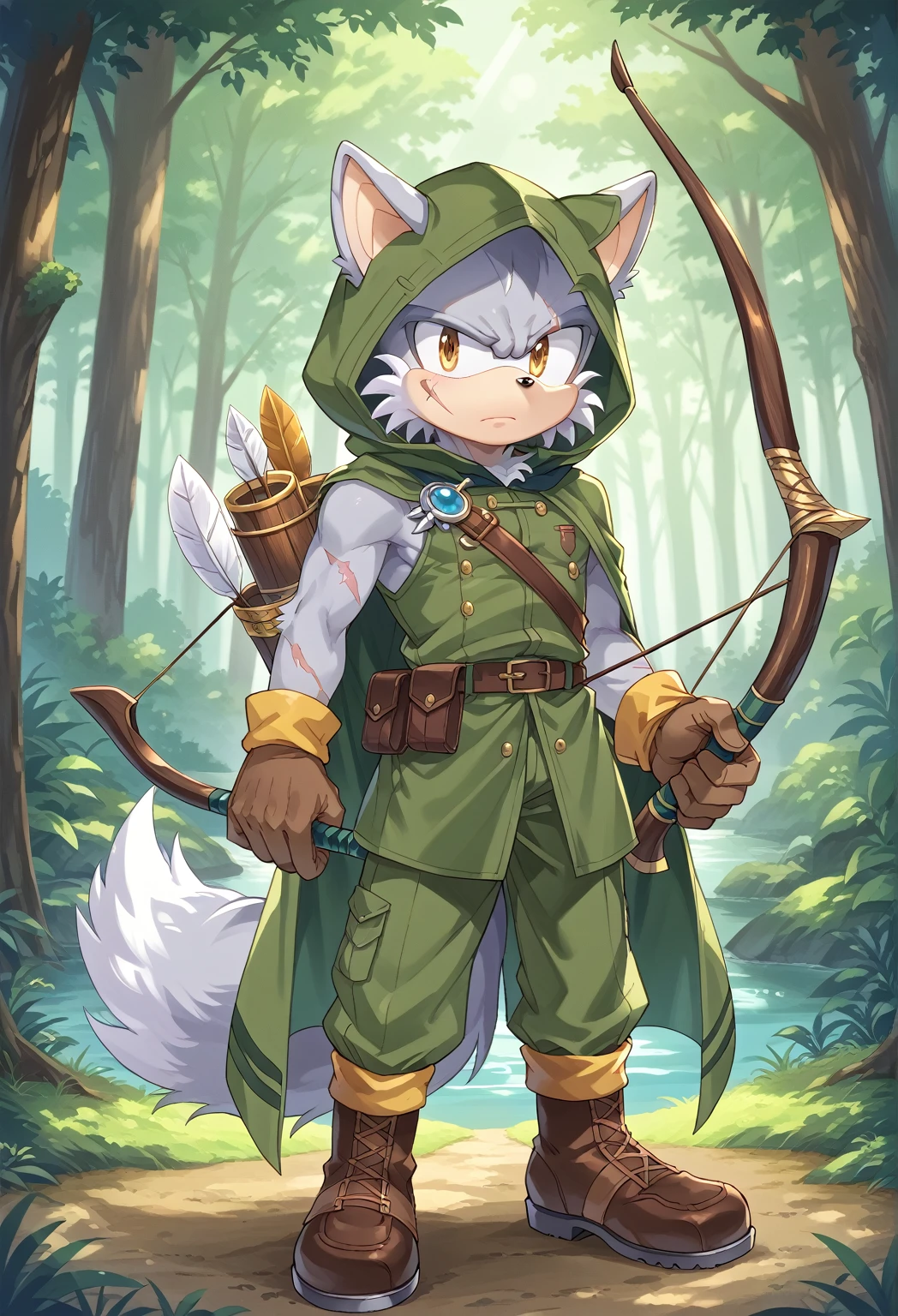 Male Wolf, ((Sonic character oc )), Male adult, ( silver fur in all body ), ( light gray inner ears ), (Alone), ( Short and messy hair ), forest, Left eye Blind , scar near the left eye that crosses the left eye diagonally, bow and quiver, con un hunter bow en la espalda y un Staff en su mano, Archery, wears a hood pero no esta puesta en su cabeza, brown gloves with cut toes and boots, yellow Eyes, Day time, ((mobian)), moebius forest, ranger clothing, (Fluffy Fur), Large Fluffy Tail, serious and sexy pose listo para el combate, ropa desgastada