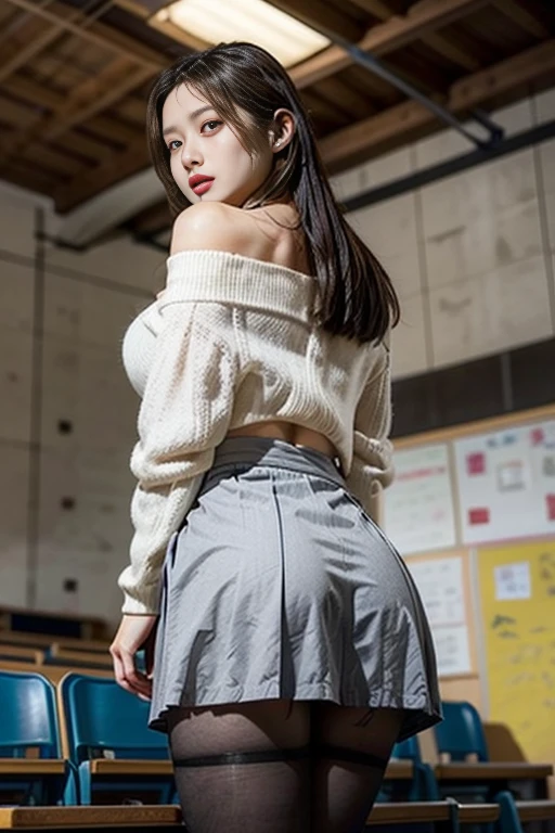 extremely detailed CG unity 8k wallpaper, best quality, ultra-detailed, masterpiece, realistic, photo realistic, extremely detailed cute girl, 20years old, (skirt lift), ((skirt lift by myself)), panties , panties focus, blush, parted lips, looking at viewer , half body shot , wearing sleeveless turtleneck , (crowd), (crowded seminar) , parted bangs