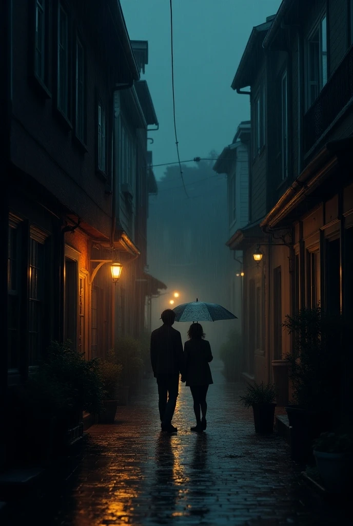 night，Cute women and handsome men，rain，Umbrella，separate，Walking in the spooky village，Back，