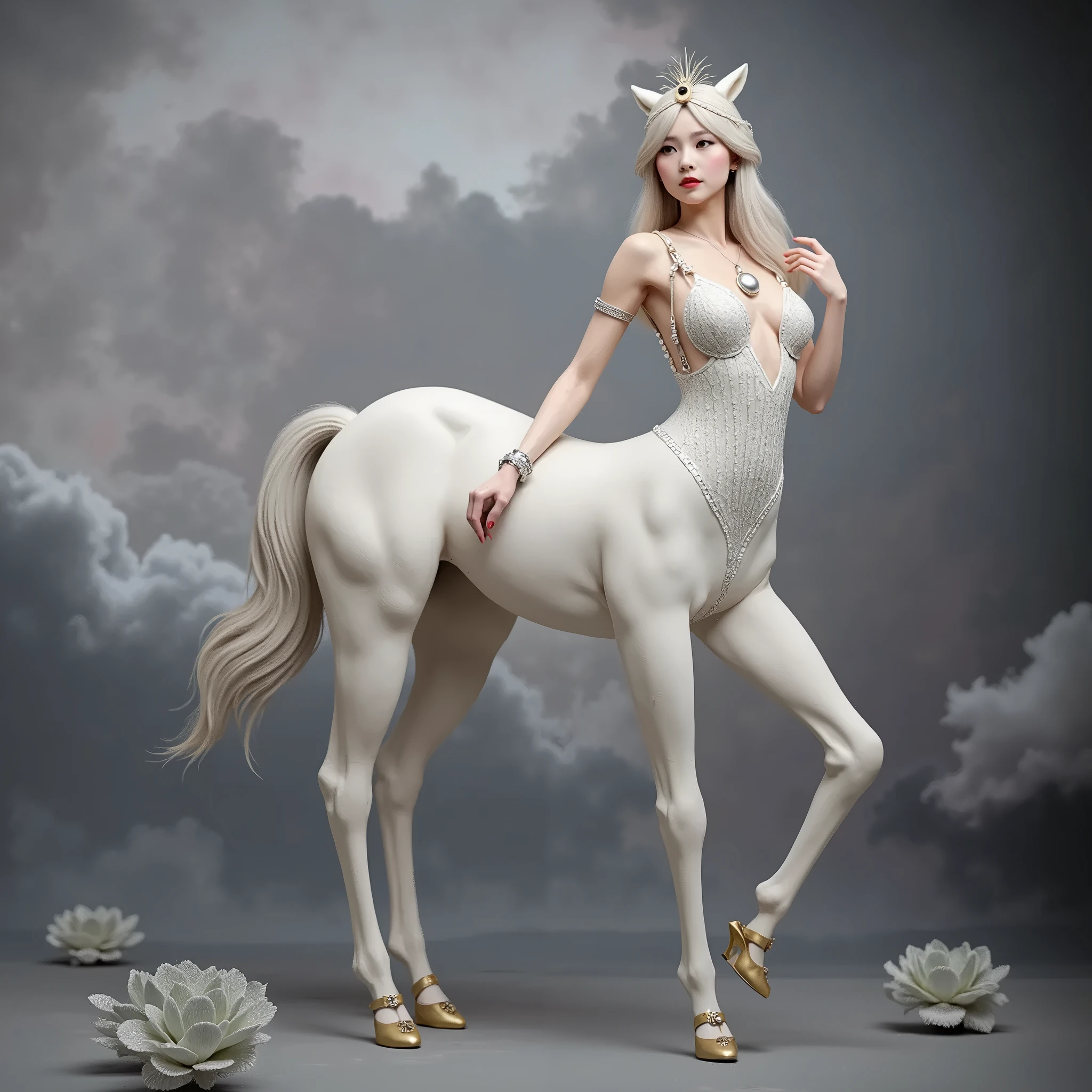 1Centaur Girl，Four legs，Leopard print underwear，Leopard-print clothing，Leopard print，Crystal high heels，The whole body is dazzling and starry，（Horses have human skin.）（Flesh-colored skin (Cynthia Sheppard), Fair and shiny skin, Full body CGsociety, Beautiful full body concept art, horse, smooth Fair and translucent skin, Pretty blue butterfly hair accessories and pale porcelain skin, Gu Weiss, Fair and translucent skin, Pale skin,,Ivory white skin, Light milky white porcelain skin，（Skin tone consistency）
