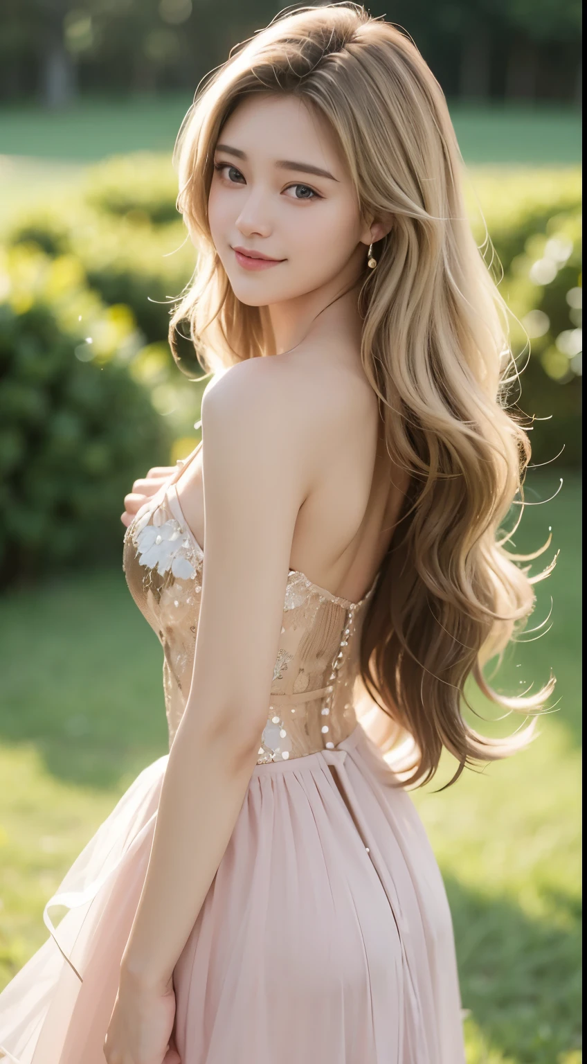 dress, best quality,masterpiece,ultra high resolution,(fidelity:1.4),RAW photos,20-year-old sexy model, cute young girl, messy long hair,smiled shyly, curls, blond hair, Campus style, on a grassy field, 躺on a grassy field, Pose gracefully, Posing for photos, Random shooting angle, Surprising detail,The content is very detailed, smooth skin, Warm color palette
