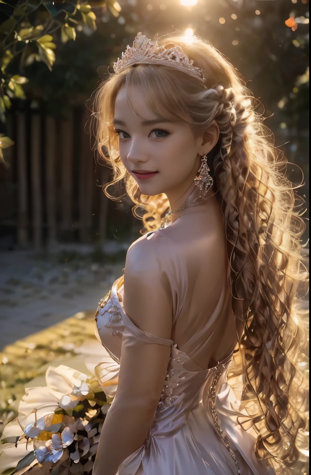 ((RAW shooting:1.5, realistic:1.5, 8k, highest quality, masterpiece, ultra high resolution)), Inside the luxurious British Royal Palace, professional camera work:1.3, Highly detailed skin and facial textures:1.3, glow light effect, Super detailed:1.3, cute british princess, Fair skin, Glossy skin, (Elegant:1.4, small face), Ultimate Cute Face:1.5, (cute eyes:0.9, looking far away), smile:1.0, (mouth slightly open:0.4, Cute mouth:0.7), double eyelid, ((super long white blonde curly hair)), tiara, necklace and earrings, ((The correct way to wear an elegant, glossy satin princess dress with an off-the-shoulder style)), big breasts, cowboy shot, ((sunrise, sunlight shining from behind:1.6, Strong sunlight spreads across the screen:1.6)), ((Strong sunlight shines on a woman:1.7))