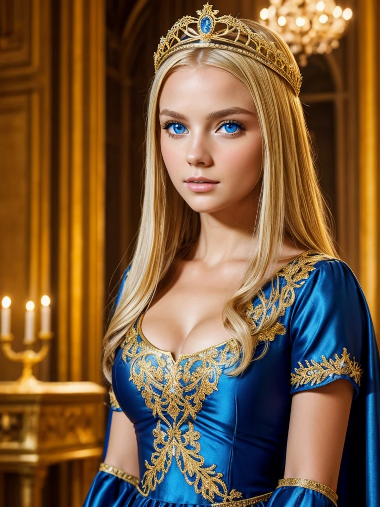  Medieval Europe, 1 girl, French, Best Quality, Blonde,  blue eyes,  tiara , city,Gold Dress