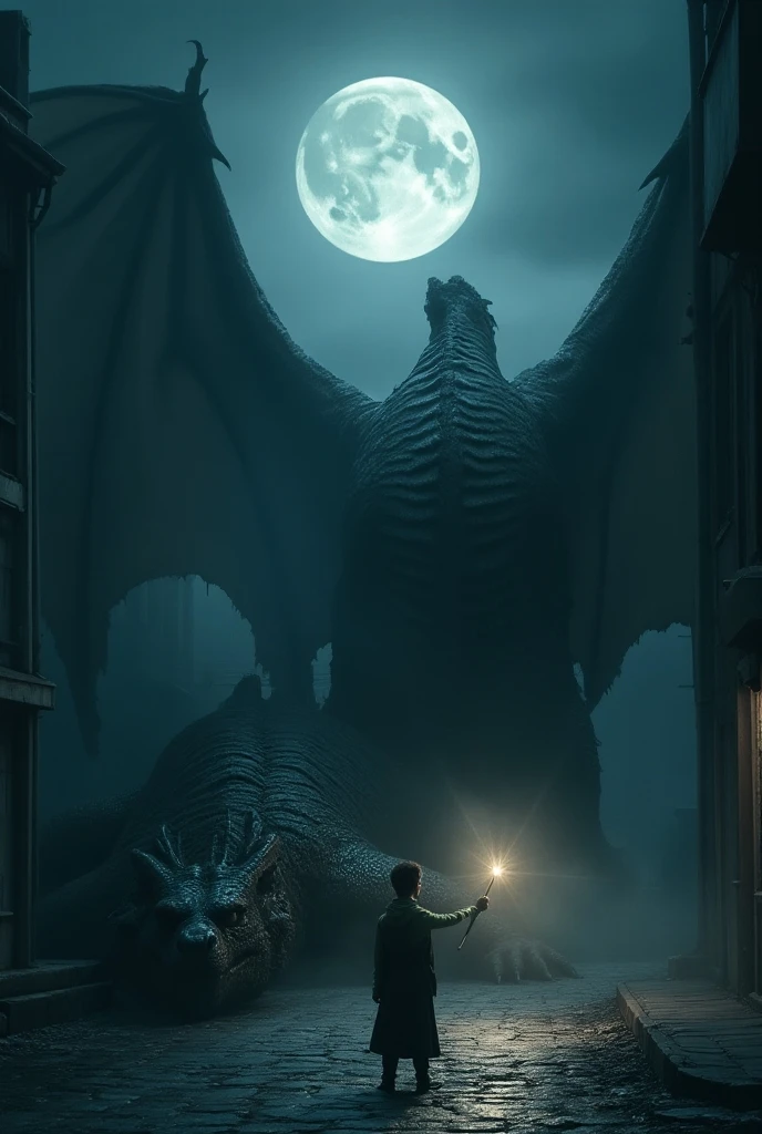 a old wizard facing a giant dragon,
dark night, fantasy, building, lamp, moon, bird, bridge, mountain, , tree, town, scenery, water, outdoors, medieval, windmill