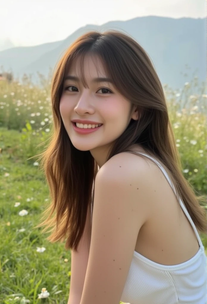 film, soft, photography, atmosphere, Selfie,Portrait,Asian women, ,So cute,((smile)), happy ,Age 25 years, perfect body, slightly plump puppets ,Bangs, white tank top , single line, shorts, Medium Breasts, sitting on grass ,Grass flower , behind is a remote mountain.,,natural light, morning light ,cute girl ,bokeh background ,bokeh light , perfect body, slender , ((full body))