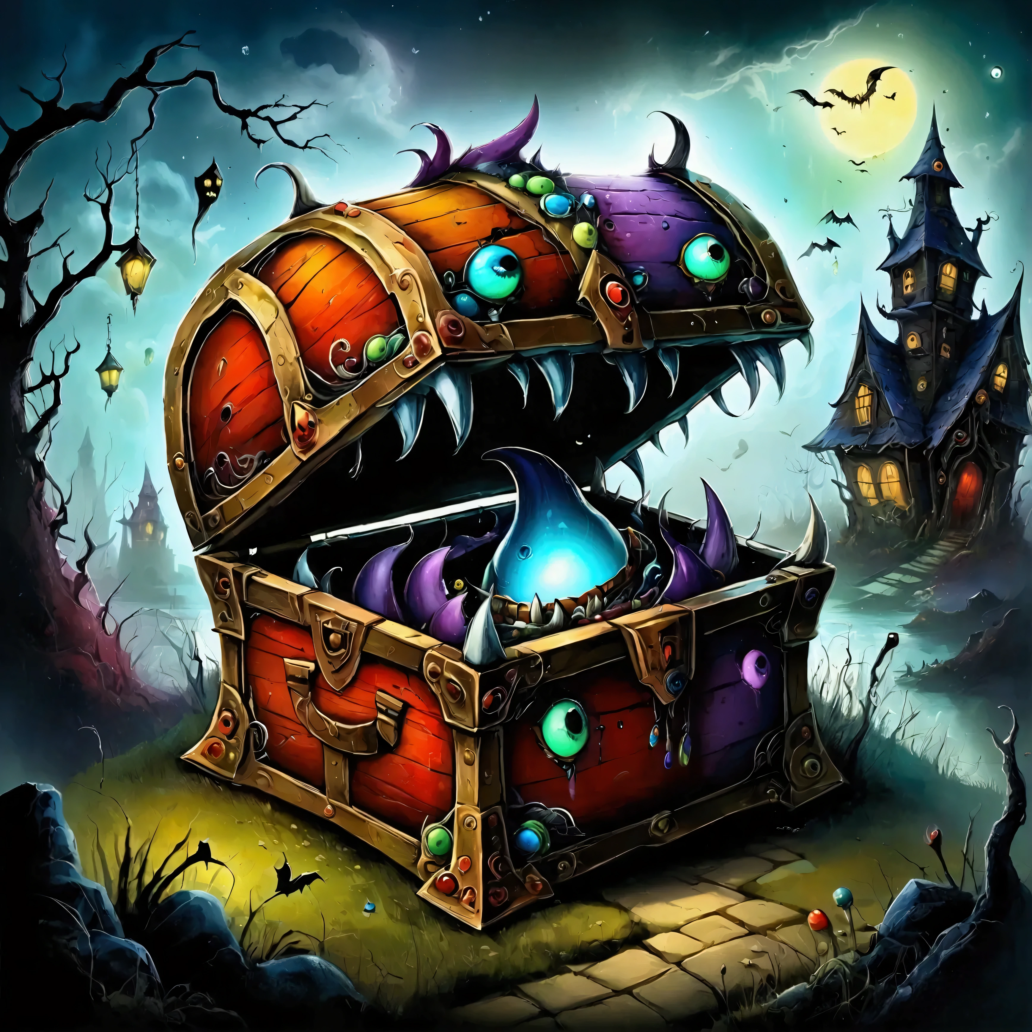  colorful treasure chest monsters , Artistically Expressed ,by alexander jansson　 style , Stunning beautiful work ,  character and landscape elements fit perfectly into the 、 picture frame, Detailed Realization ,  defining high quality , Expressive Face, Sharp Eye,(background:Haunted House),masterpiece, cute monsters 