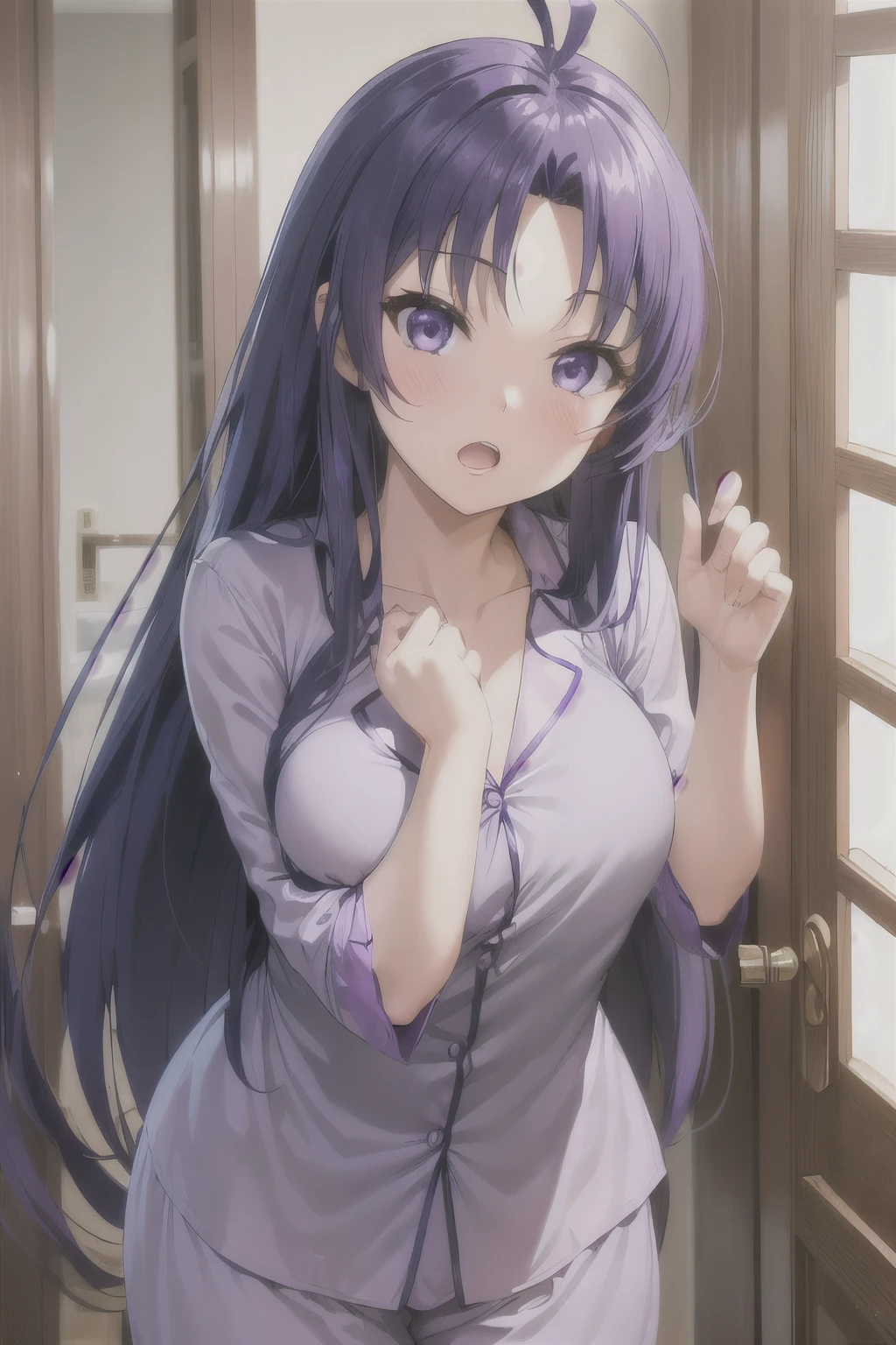 ( highly detailed : Purple-haired girl, 1 girl, long hair,  purple eyes,  big breasts shirt, blush, Alone foco,  Open mouth, Very tight and purple pajamas,  hair antenna, Alone,  Door Frame 