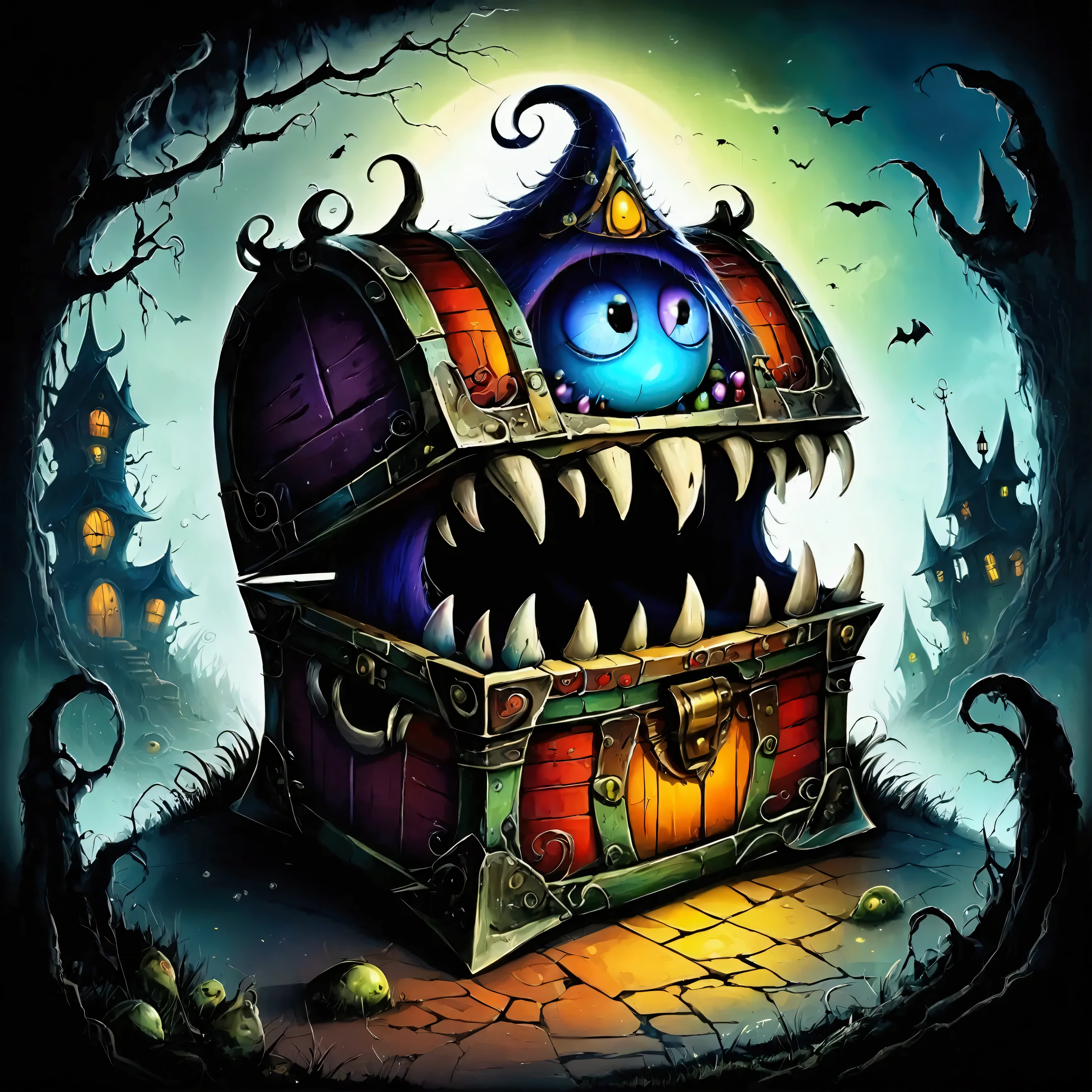  colorful treasure chest monsters , Artistically Expressed ,by alexander jansson　 style , Stunning beautiful work ,  character and landscape elements fit perfectly into the 、 picture frame, Detailed Realization ,  defining high quality , Expressive Face, Sharp Eye,(background:Haunted House),masterpiece, cute monsters 