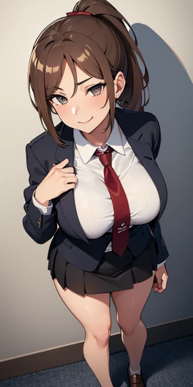 1 girl,  High Definition ,  High resolution, 8K, hmza ,  beautiful face ,  perfect face , attractive face, Beautiful face and eyes, Detailed skin y altamente detallados, Detailed skin,  mocking smile ,  Brown Hair ,  ponytail, brown eyes,  school uniform , blue necktie,  white shirt,  black jacket ,  long sleeves , black flick, tight skirt, miniskirt, brown shoes,  big breasts shirt, bitch, sexy, curvilinear, Seductive angle view Break , ( full body wool sweater)