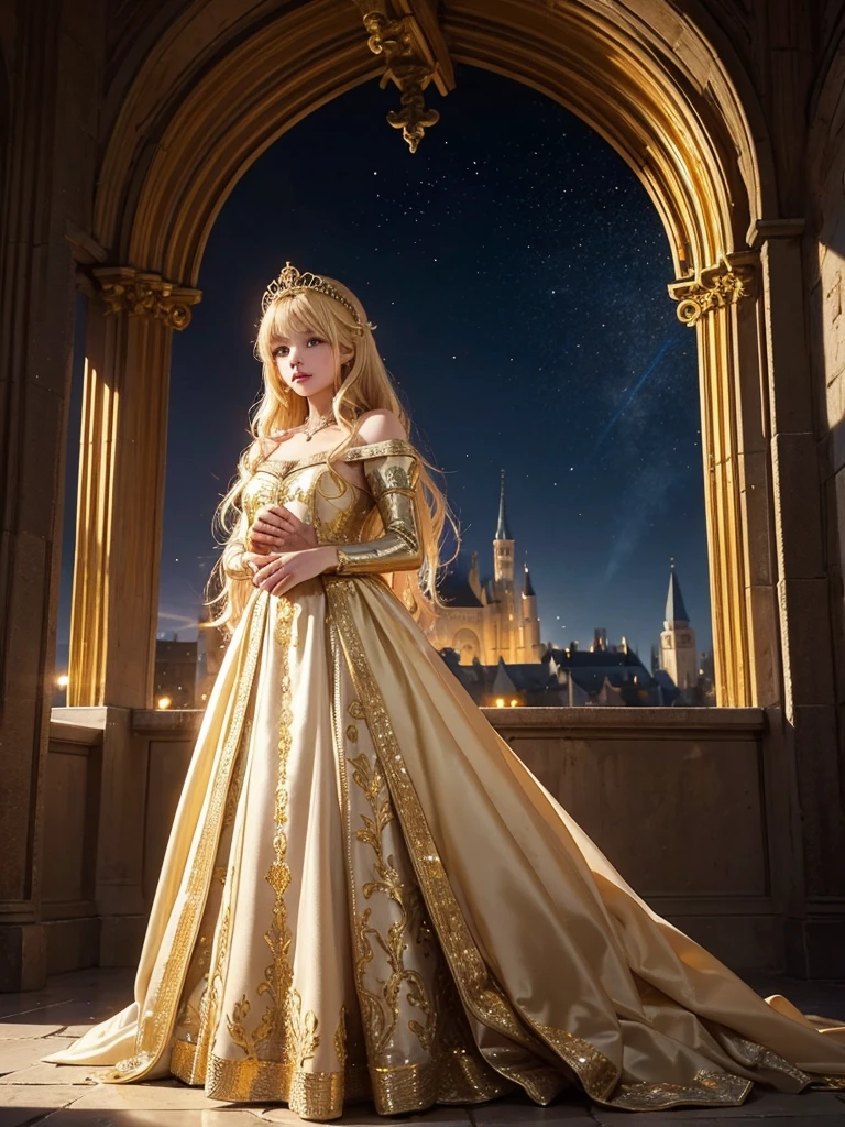 1 girl, (25 years old), blond hair, green eyes, (perfect European noble face: 1.1), (maximum picture quality: 1.1), (perfect figure: 1.1), royal clothes, royal regalia, golden crown, inside the palace, masterpiece, golden dress, throne room.