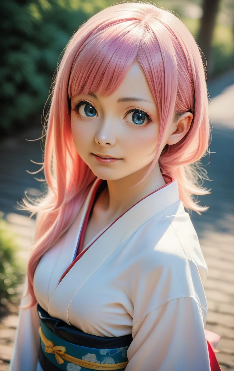 cosplay photo, animegao, 1girl, solo, cute, kimono, blue eyes, pink hair
 