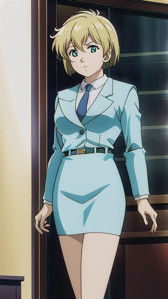 Blonde、 bob cut、Green Eyes、悲しface、 Full Body Style 、 normal breasts、 narrow waist 、Bare legs、 blue jacket ,襟付きshirt, shirt, yellow tie ,belt,,  Blue Mini Pencil Skirt, black tights，White pumps，My legs are slightly flabby， official art, Extremely High Definition CG Unity 8k Wallpaper,  full light, colorful , bright _ Front_face_Lighting,  shiny skin, ( masterpiece:1.0),(Highest_quality:1.0), 超 high resolution on down,4K,Ultra-detailed, photo shoot, 8k,  high resolution on down,  high resolution on down,  absurd:1.2,  Kodak Portra 400,  film grain,  blurry background, Bokeh:1.2,  lens flare , (Vibrant_ color:1.2), Professional photography,Anime Images、