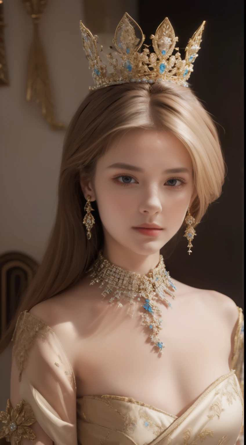 tmasterpiece,Highest image quality,Beautiful bust of a royal lady,Delicate blonde hairstyle,Embellished with a dazzling array of intricate jewelry,super detailing,upscaled。