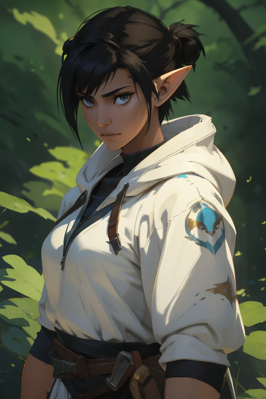 famle elf girl, beaut face, anime character with a sword and a hoodie on, makoto shinkai ( apex legends ), makoto shinkai. digital render, makoto shinkai style, makoto shinkai and artgerm, made with anime painter studio, makoto shinkai art style, makoto shinkai!!, makoto shinkai!, painted in anime painter studio, demon slayer rui fanart LAUFEN, SHORT HAIR, DOUBLE BUN, BLUNT BANGS, Laofen, brown hair, brown eyes, hair_ornament,