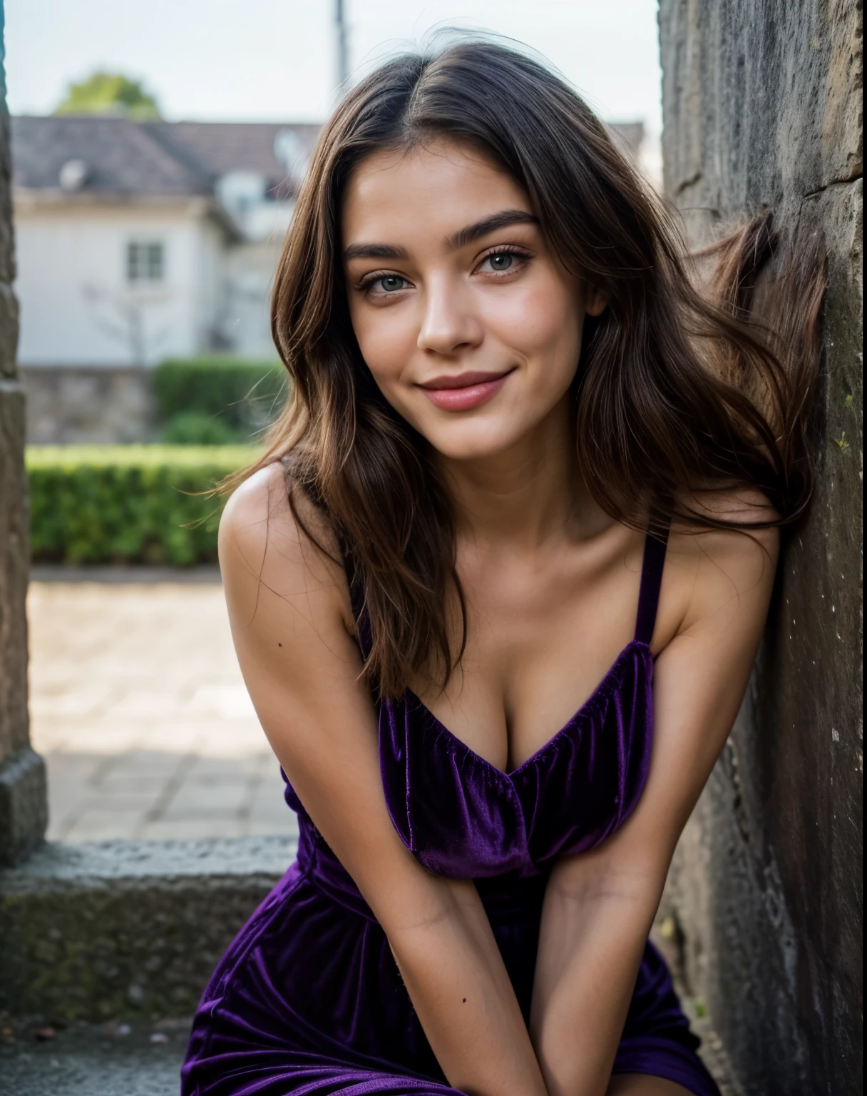 Linda morena europeia linda e sexy com clear green eyes, Age 22,
seductive look in the eyes, girl wears designer purple velvet dress, Castle Ruins, full body shot shot, walking, sardonic smile, purple velvet dress, slippers, naked legs, purple dress,
innocent face, face length 1.3 times the width of the face, olhos amendoados, square face shape, high cheekbones, Naturally wavy hair, clear green eyes, high resolution, Masterpiece artwork, best qualityer, details Intricate, very detailled, sharp focus, skin detailed, texture de pele realisitic, texture, detailedeyes, proffesional, 4K, charming smile, shot with Canon, Depth of field, Kodak Color Vision, perfectly fitted body, extremely detaild, photoshot_\( ultra\), de photoshotReal, realisitic, Post-processing, Maximum details, Hapiness, real-life, ultrarealisitic, photoshotrrealismo, photoshotgrafia, 8k high definition, photoshotgrafia