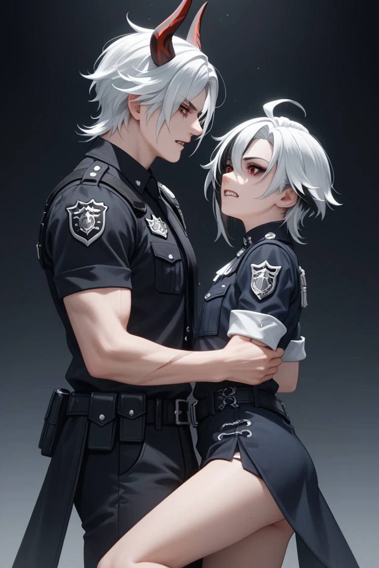 Sex , White hair, black red eyes, semi nude, torn clothes, crying, forcibly, abandoned city, Ukraine, country, white shirt with tie