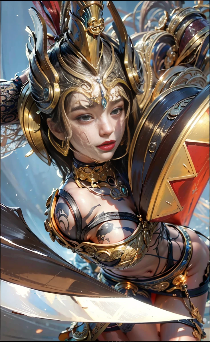 arafed 21 years old Japanese extremely beautiful female warrior with sexy bikini outfit, clothed in ethereal bikini, bikini armor female knight, full body picture, absurdres, high res, ultrasharp, Extremely Detailed 8K Wallpaper, Masterpiece: 1.4), (Best quality: 1.4), Natural(Big:1.25), {Best Quality}, ultra-detailed,realistic,photorealistic:1.37, Original,{Extremely Delicate and Beautiful}, (Full body portrait 1.1),