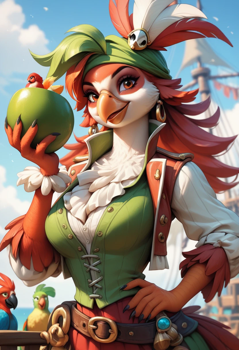 score_9, score_8_up, score_7_up, score_6_up, Parrot Girl, Parrot head, Breasts, Smiling Beak, Multicolored Feathery Skin, Furry Bird Pirate, Holding Cutlass
