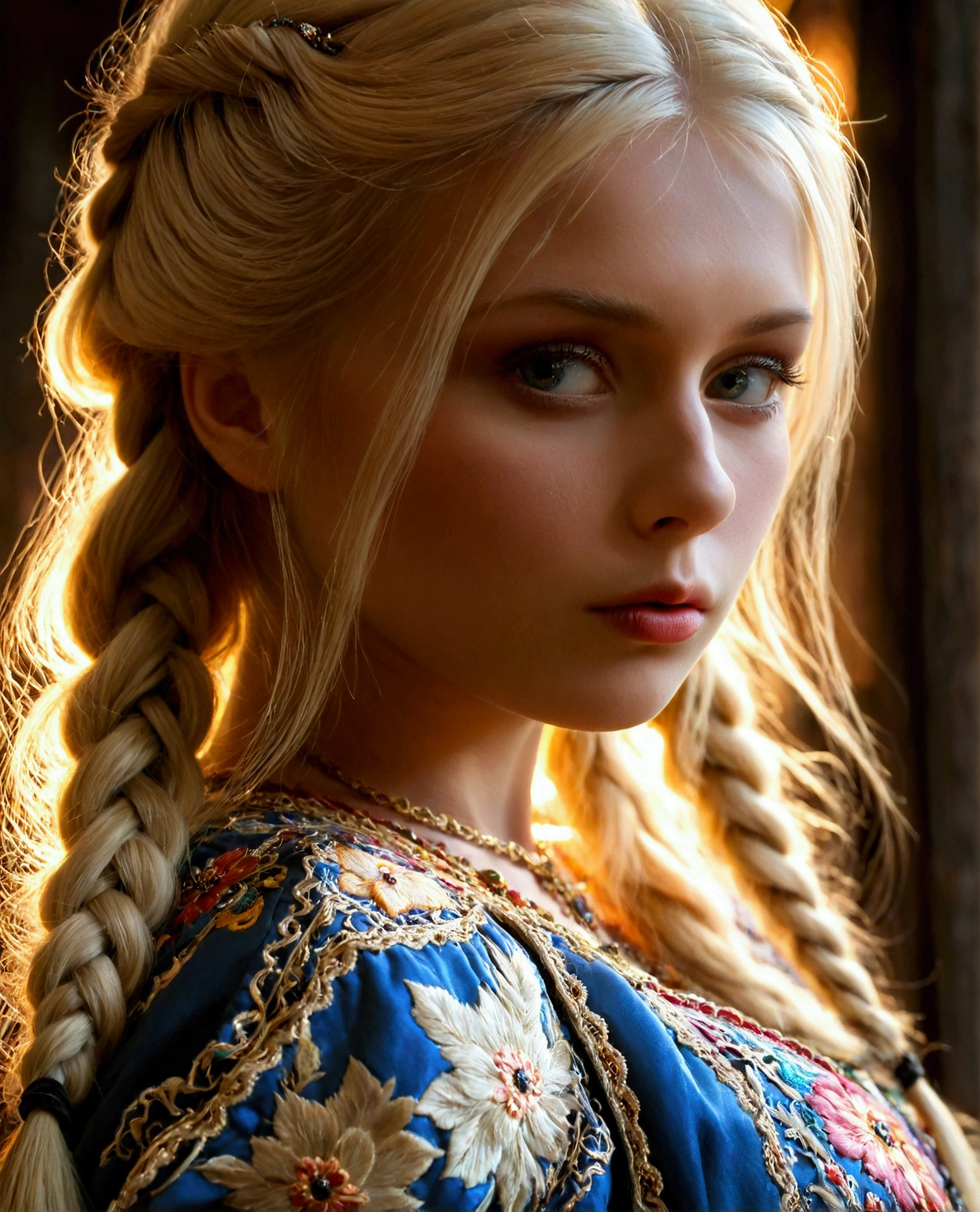 1girl,Russian folklore character Vasilisa the Beautiful,(beautiful Russian girl:1.2),long blonde hair,braided hairstyle,detailed facial features,beautiful eyes,detailed lips,porcelain skin,medieval fantasy dress,intricate embroidery,ornate jewelry,mysterious aura,moody lighting,warm color palette,cinematic composition,highly detailed,photorealistic,masterpiece