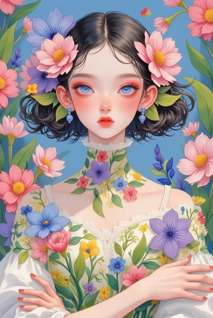 a painting of a woman with flowers in her hair, girl with a flower face, trending on artstration, beautiful aesthetic art, covered with flowers, flowers covering eyes, girl with a flower head, girl in flowers, colorful aesthetic, covered in flowers, aesthetic portrait, with flowers, the girl made out of flowers, beautiful digital illustration, made of flowers, flower goddess