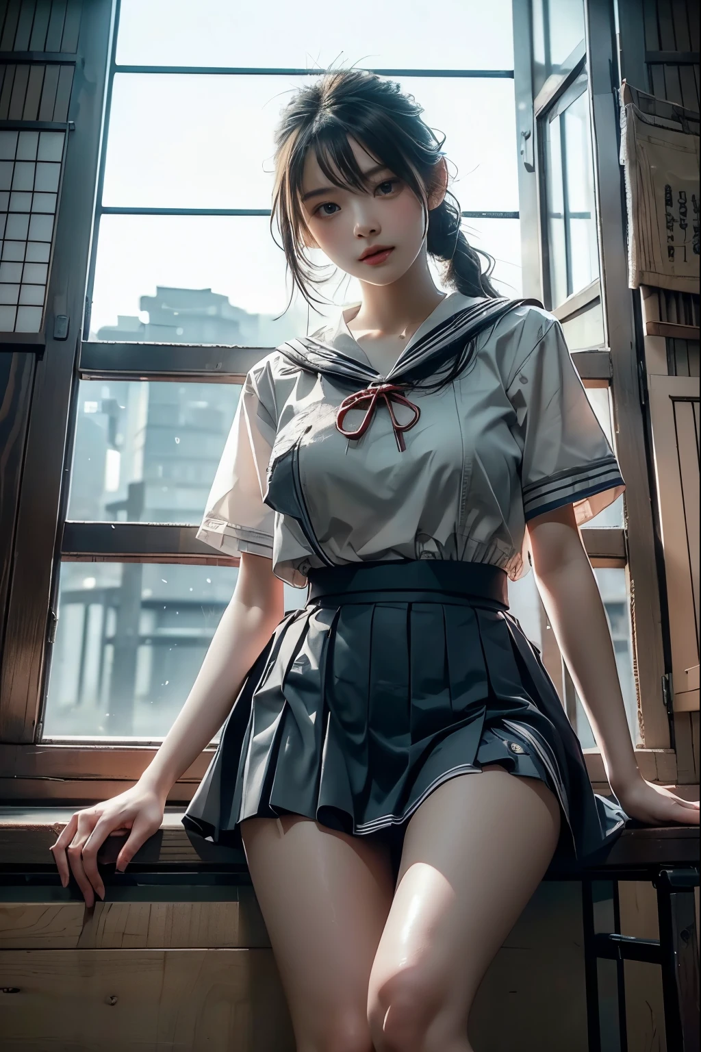 In 8K,Best Quality,The truth, Intricate Details, super high definition, depth field ,Masseter region, Natural Soft Light,Professional Lighting, 1 girl,(cute:1.2), Very Beautiful Older Sister , ((Beautiful eyes with attention to detail)),Perfect Skin,shiny skin, pure white skin , fine skin, (((Panty Flash)),((perfect anatomy,Great hands,Perfect hands)),The perfect temptation,Delicate legs, tied behind the gate ,cuteランジェリー,((Japanese sailor uniform)),(( uniform miniskirt)),( red ribbon), holding white socks ,Leather shoes,classroom, table top,I can see your crotch,Sit with your knees up, M-shaped leg opening,((white panties)),Thighs,(Shooting from below:1.5)、Super beautiful girl、((Big boobs with tension that make the uniform seem to tear))