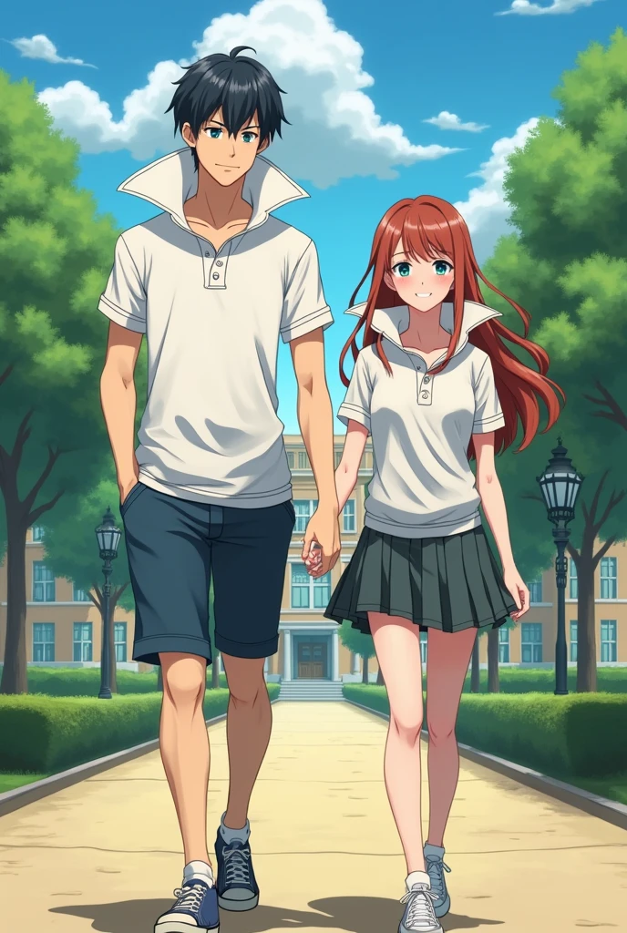 (artwork, best quality) a girl with long blue hair, red eyes, medium breasts, red off-the-shoulder dress, necklace, happy, talking to a brown-haired boy, brown , in a school yard