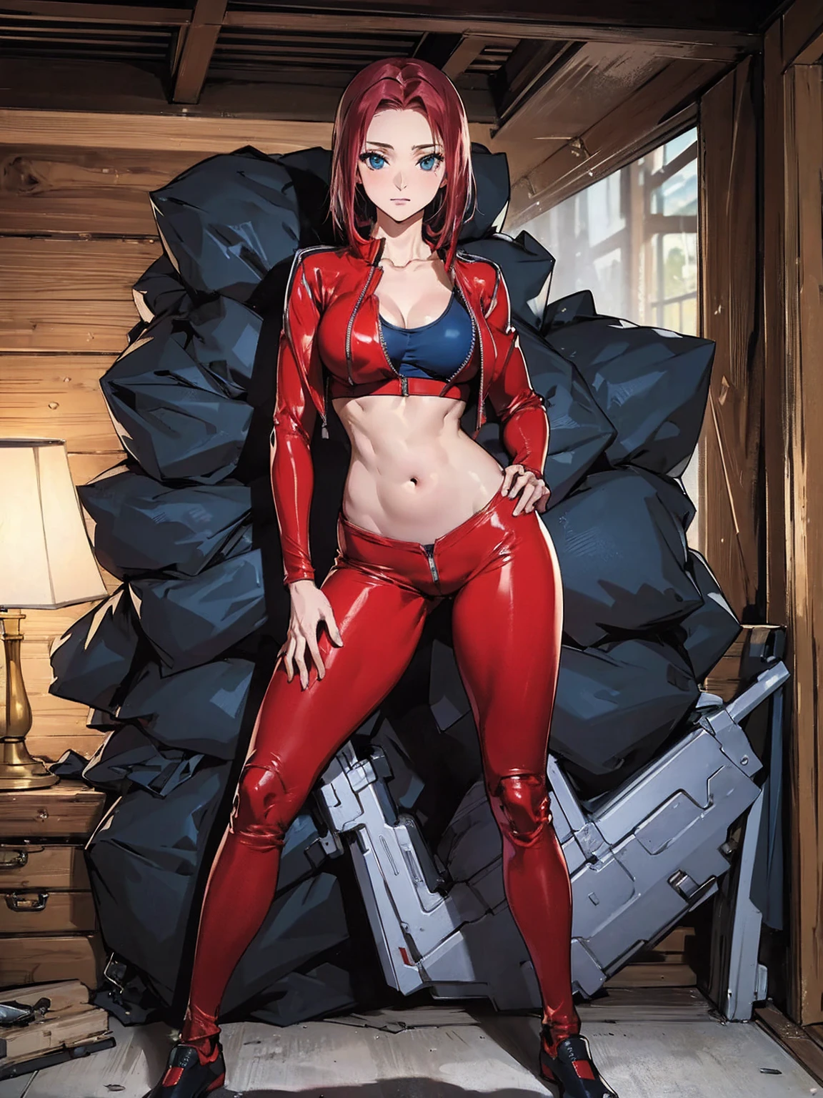  Karen Kouzki、masterpiece,Best Quality、 Ultra HD、Exquisite depiction、Detailed texture expression、 best quality, masterpiece,  high resolution on down, 、, belly button,  clevis,  is standing, clavicle, (Open red pilot suit clothes), full body, ,  abdomen, Blue Eyes, ,  Sports Bra , , , (Great hands), woman  is standing in tokyo at midnight, lower the zipper 
