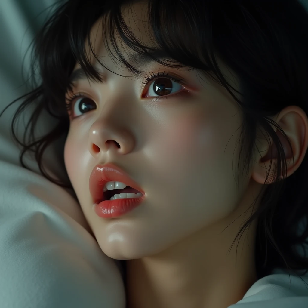 mature korean woman,naked, long hair, in natura, 1 person, 26 years old, pale skin, (looking at you:1.5), dynamic pose, dynamic angle, dark room, (dim light:1.4), raw photo, (deep shadow:1.4), in the dark, (photorealistic:2), (close up on face:1.5), laying down