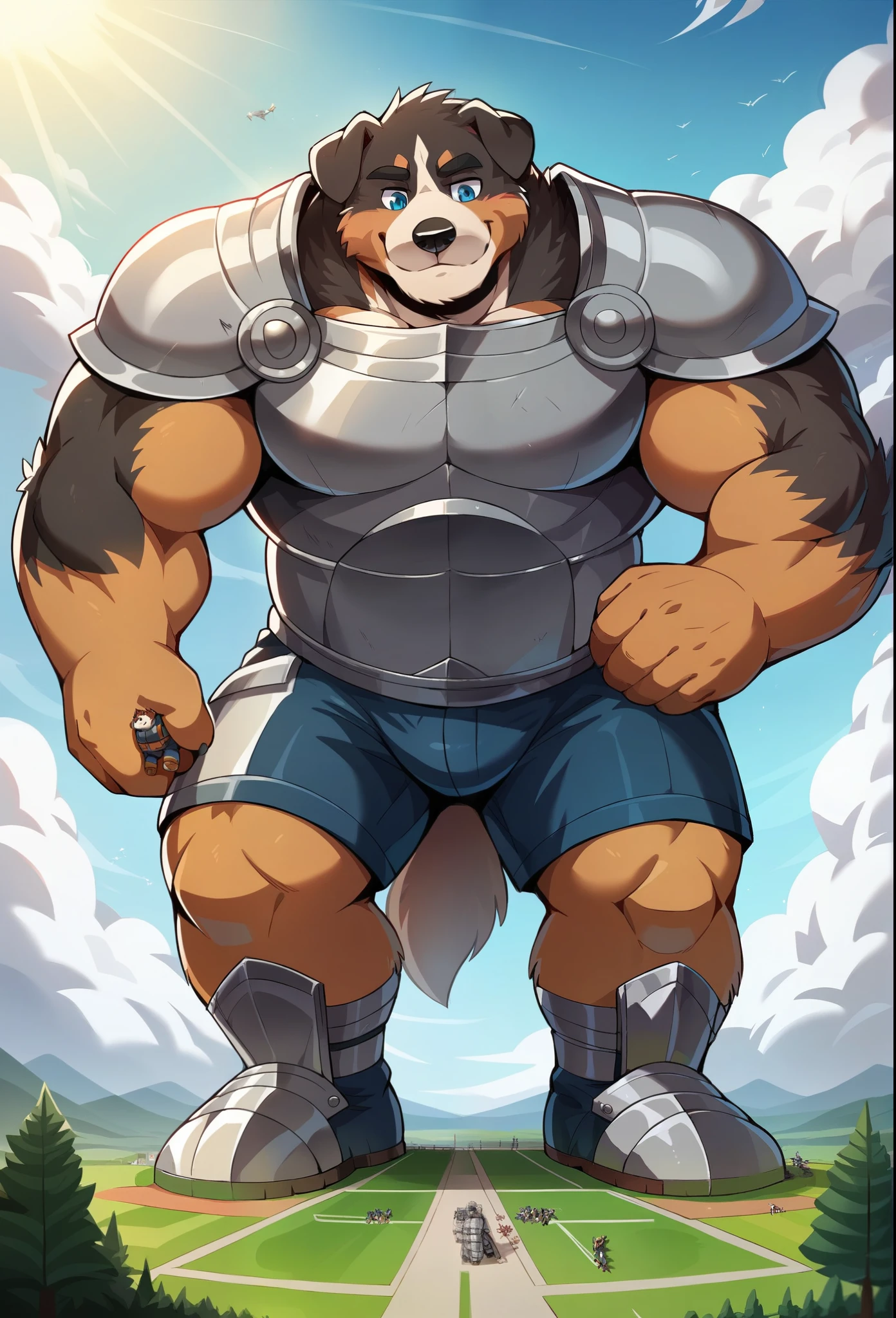 nj5furry, Bernese Mountain Dog, beast field ,pummelig, thick arms,strong muscles,Shorts,Plush , trägt eine Knight armor ,chubby face, black eyebrows , sky blue eyes ,bart, friendly smile ,standing on the grass,on the stomach, Vati , (From underneath:1.1),lie down,(Knight armor ),sunlight , Knight's shoes, von zixiong , takemoto arashi, (Massiv:3.0, ( heavyweight,stark,Macro, Emphasize )),