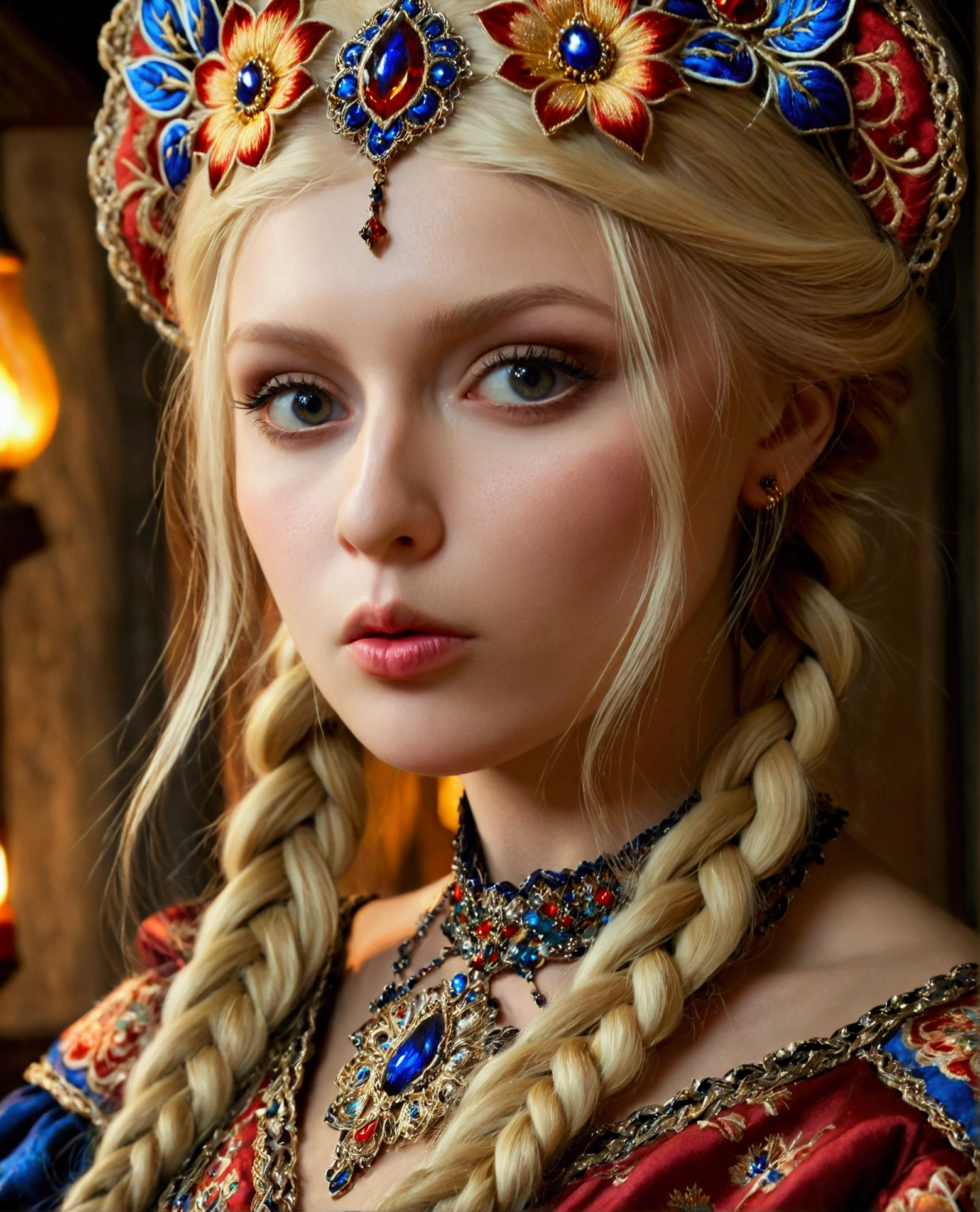 1girl,Russian folklore character Vasilisa the Beautiful,(beautiful Russian girl:1.2),long blonde hair,braided hairstyle,detailed facial features,beautiful eyes,detailed lips,porcelain skin,medieval fantasy dress,intricate embroidery,ornate jewelry,mysterious aura,moody lighting,warm color palette,cinematic composition,highly detailed,photorealistic,masterpiece