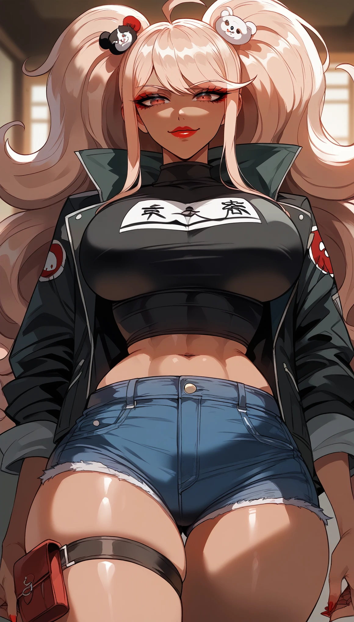 perfect eyes、 perfectly sexy face、Ultra Detailed、Junko Enoshima、 Danganronpa 、shiny hair、( Big breasts ), black shirt、black jacket、Tight Waist、thin waist、 dark blue denim shorts、 Thigh straps 、shiny skin、 tanned skin 、Beleza、erotic、Red Eyeliner、 red lips、wicked smile、 looking at the viewer、