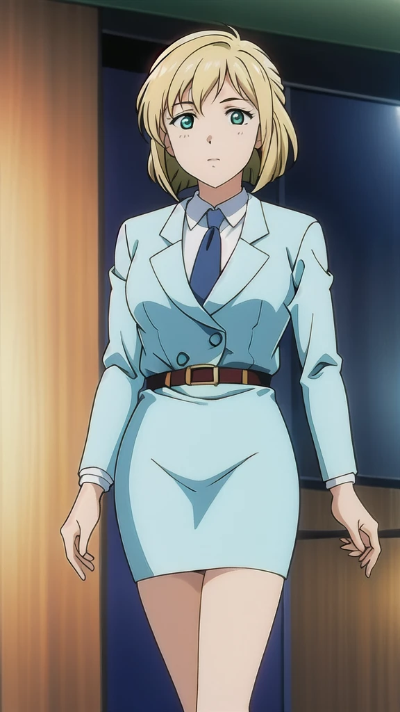 Blonde、 bob cut、Green Eyes、悲しface、 Full Body Style 、 normal breasts、 narrow waist 、Bare legs、 blue jacket ,襟付きshirt, shirt, yellow tie ,belt,,  Blue Mini Pencil Skirt, black tights，White pumps，My legs are slightly flabby， official art, Extremely High Definition CG Unity 8k Wallpaper,  full light, colorful , bright _ Front_face_Lighting,  shiny skin, ( masterpiece:1.0),(Highest_quality:1.0), 超 high resolution on down,4K,Ultra-detailed, photo shoot, 8k,  high resolution on down,  high resolution on down,  absurd:1.2,  Kodak Portra 400,  film grain,  blurry background, Bokeh:1.2,  lens flare , (Vibrant_ color:1.2), Professional photography,Anime Images、