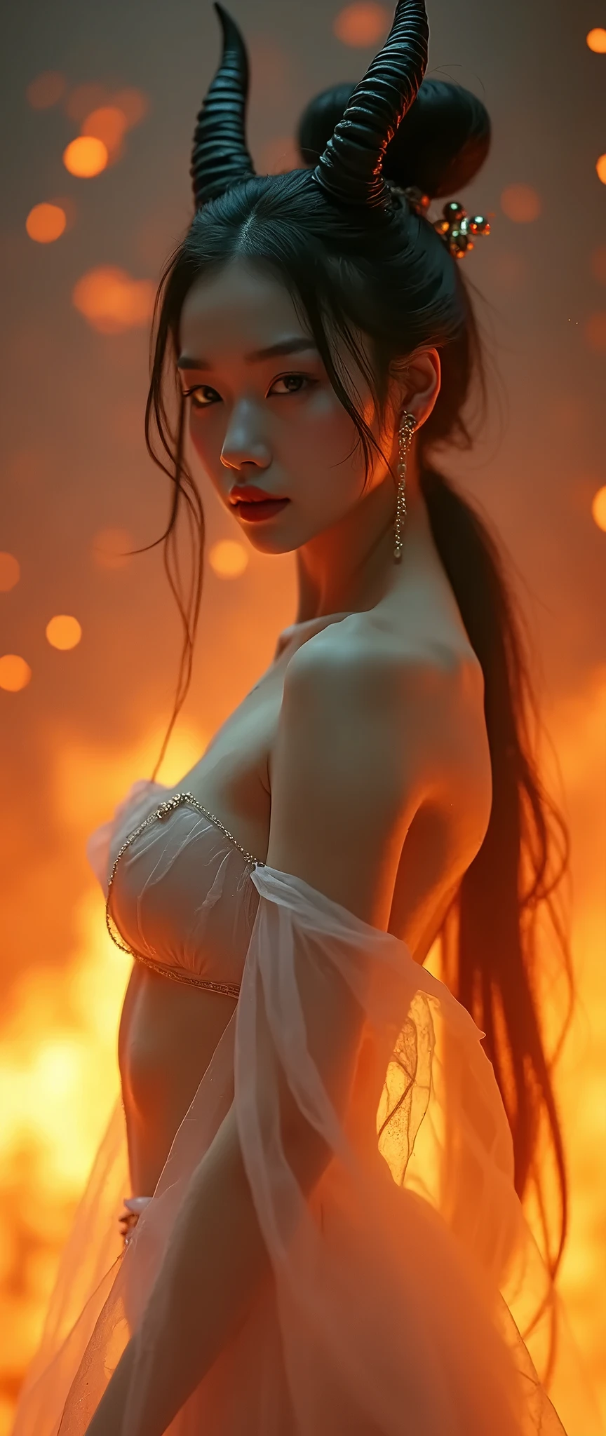 (bare shoulders:0.85),((nude:1)),( naked:0.55),(enchanting radiance, luminous lighting, ethereal atmosphere, mesmerizing glow, evocative hues, captivating coloration, dramatic lighting, enchanting aura),1girl,masterpiece,best quality,1girl,แสงไฟcimematic สาดจากด้านล่างลำตัวขึ้นมาที่คางและใบหน้า,สายตาดุร้าย แสดงความอาฆาต
(in smoke:1.1),(upper body:1.2),((nipples:0.55)),(1 Chinese patterns in the middle of the girl's forehead),girl with a weak temperament,
epic cinematic,soft nature lights,rim light,absurd,amazing,funny,itricate,hyper detailed,ultra realistic,soft colors,white flower,
