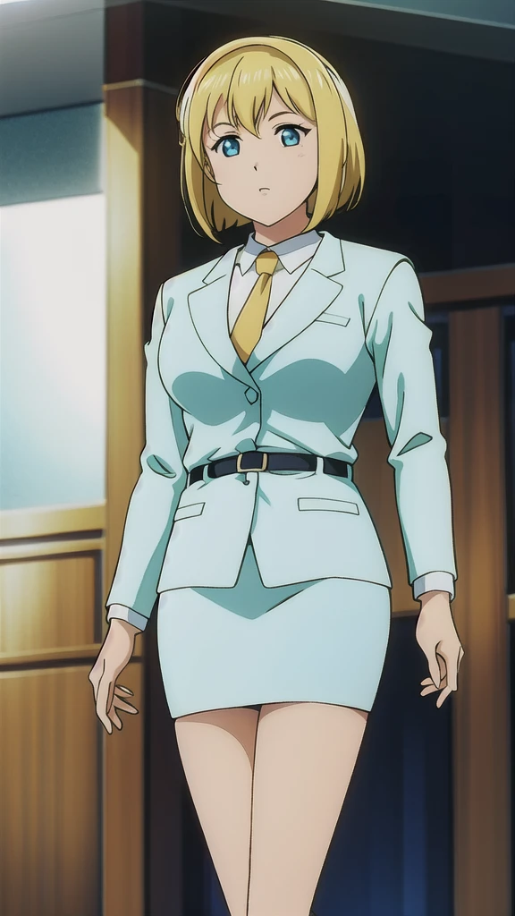 Blonde、 bob cut、Green Eyes、悲しface、 Full Body Style 、 normal breasts、 narrow waist 、Bare legs、 blue jacket ,襟付きshirt, shirt, yellow tie ,belt,,  Blue Mini Pencil Skirt, black tights，White pumps，My legs are slightly flabby， official art, Extremely High Definition CG Unity 8k Wallpaper,  full light, colorful , bright _ Front_face_Lighting,  shiny skin, ( masterpiece:1.0),(Highest_quality:1.0), 超 high resolution on down,4K,Ultra-detailed, photo shoot, 8k,  high resolution on down,  high resolution on down,  absurd:1.2,  Kodak Portra 400,  film grain,  blurry background, Bokeh:1.2,  lens flare , (Vibrant_ color:1.2), Professional photography,Anime Images、