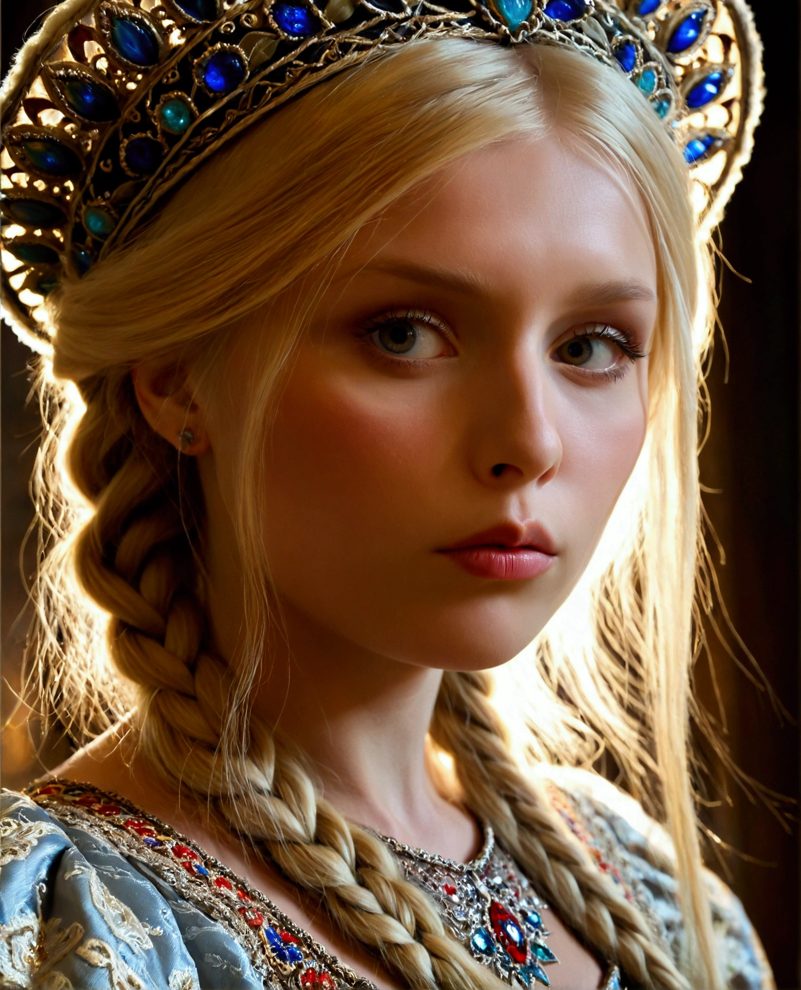 1girl,Russian folklore character Vasilisa the Beautiful,(beautiful Russian girl:1.2),long blonde hair,braided hairstyle,detailed facial features,beautiful eyes,detailed lips,porcelain skin,medieval fantasy dress,intricate embroidery,ornate jewelry,mysterious aura,moody lighting,warm color palette,cinematic composition,highly detailed,photorealistic,masterpiece